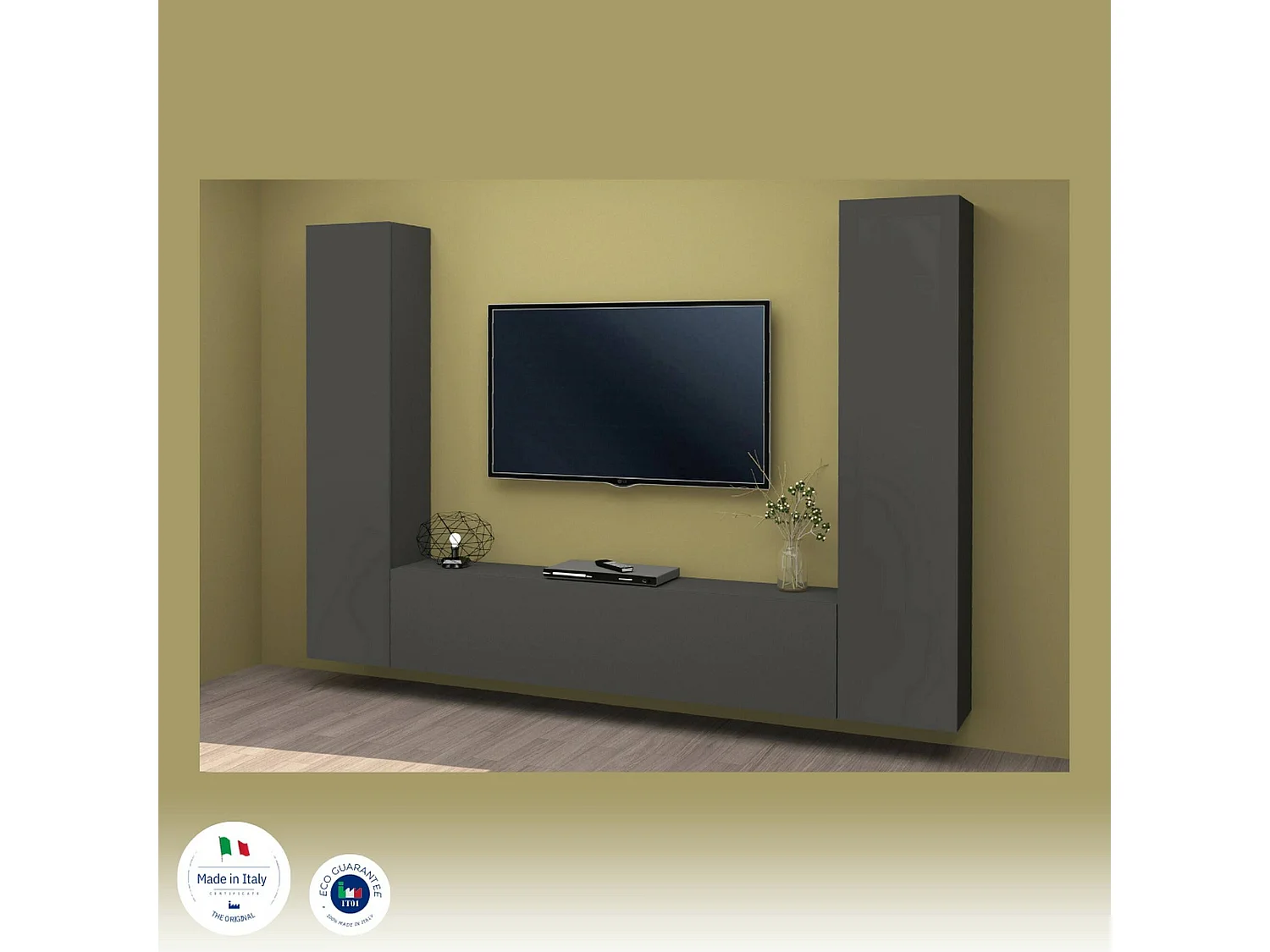 Système mural Giordano, ensemble de salon meuble TV 3 portes, meuble de salon polyvalent, 100% Made in Italy, 260x30h180 cm, Anthracite