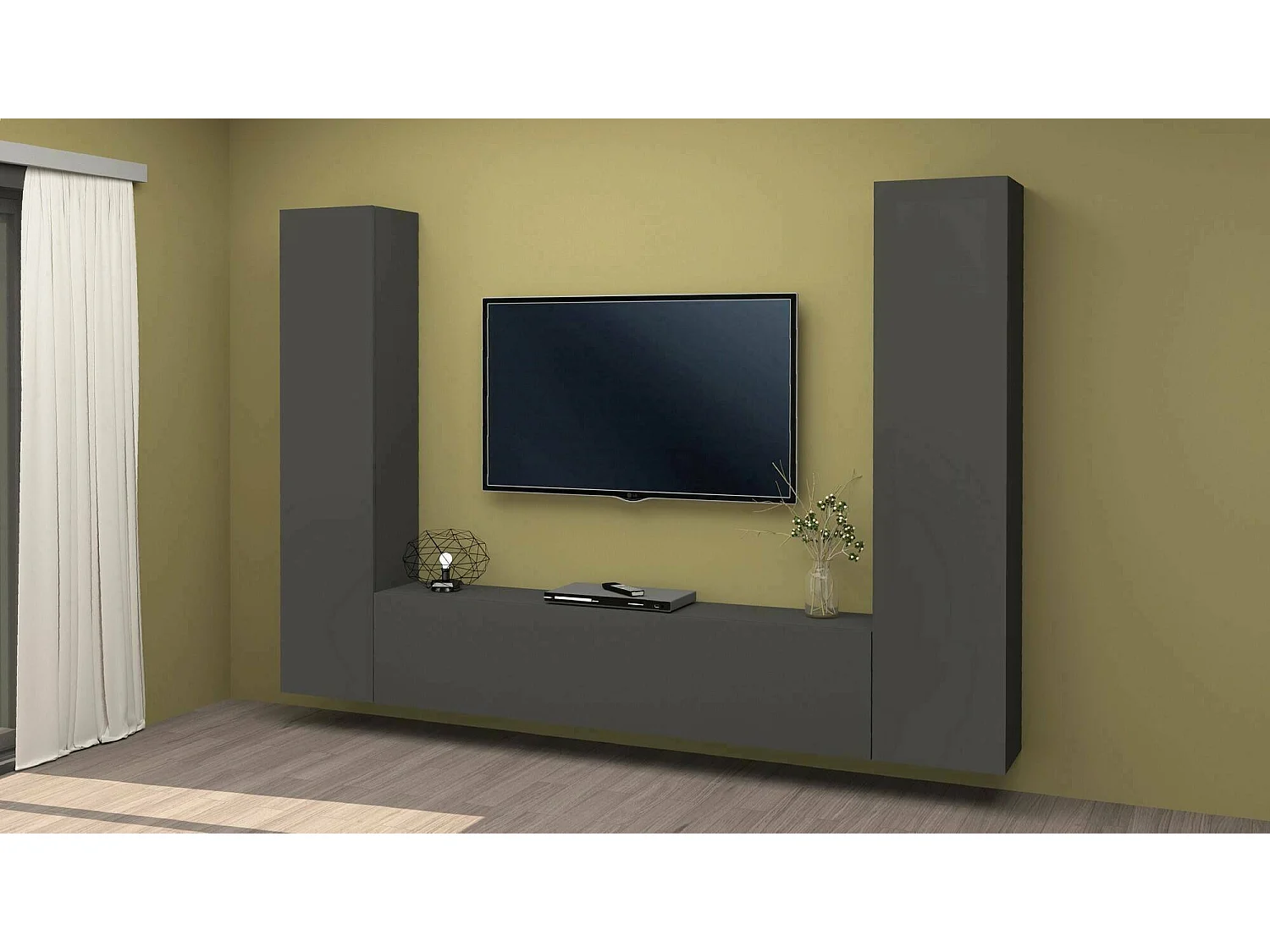 Système mural Giordano, ensemble de salon meuble TV 3 portes, meuble de salon polyvalent, 100% Made in Italy, 260x30h180 cm, Anthracite