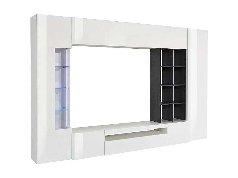 Ensemble mural Ocean, meuble TV pour salon, meuble de salon polyvalent avec lumière LED, 100% Made in Italy, 290x40h192 cm, blanc brillant et ardoise