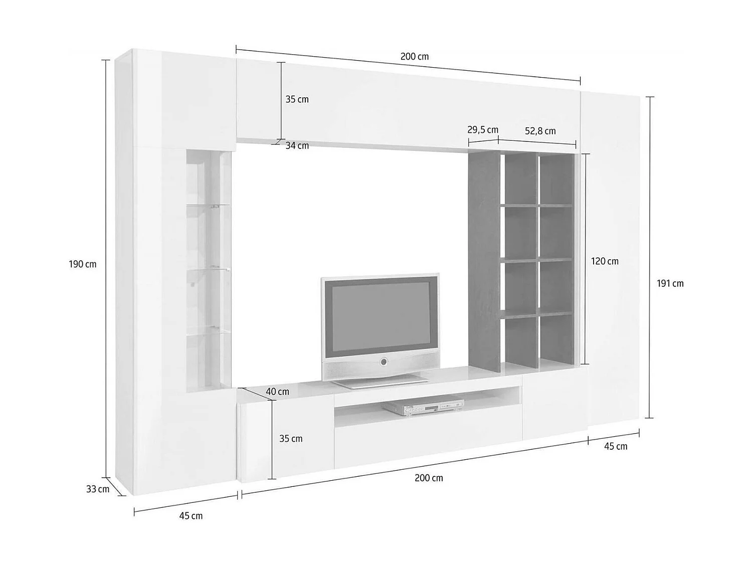 Ensemble mural Ocean, meuble TV pour salon, meuble de salon polyvalent avec lumière LED, 100% Made in Italy, 290x40h192 cm, blanc brillant et ardoise