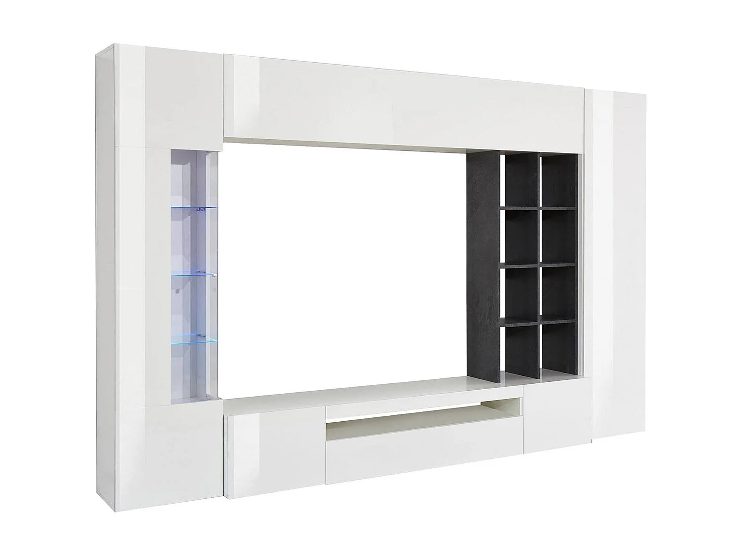 Ensemble mural Ocean, meuble TV pour salon, meuble de salon polyvalent avec lumière LED, 100% Made in Italy, 290x40h192 cm, blanc brillant et ardoise