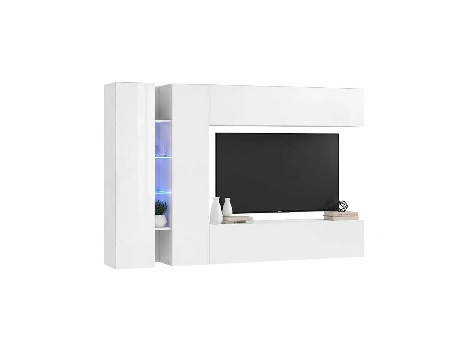 Ensemble mural Costanzo, meuble TV 4 portes, meuble de salon polyvalent, 100% Made in Italy, 280x30x180 cm, Blanc brillant