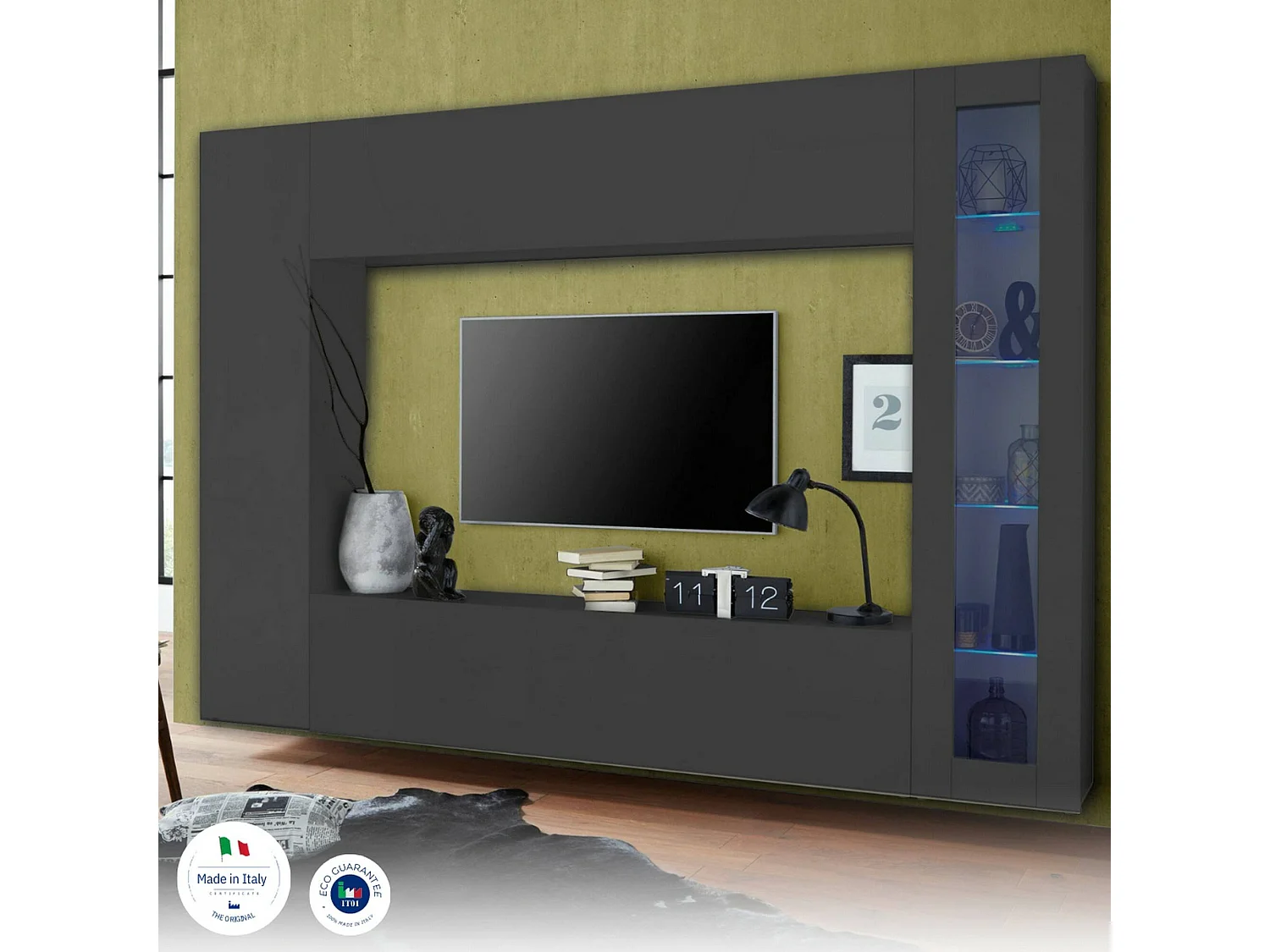 Wohnzimmermöbel Donatello, TV-Wohnzimmer-Set, Mehrzweck-Wohnzimmermöbel mit Vitrine und LED-Licht, 100% Made in Italy, cm 260x30h180, Anthrazit