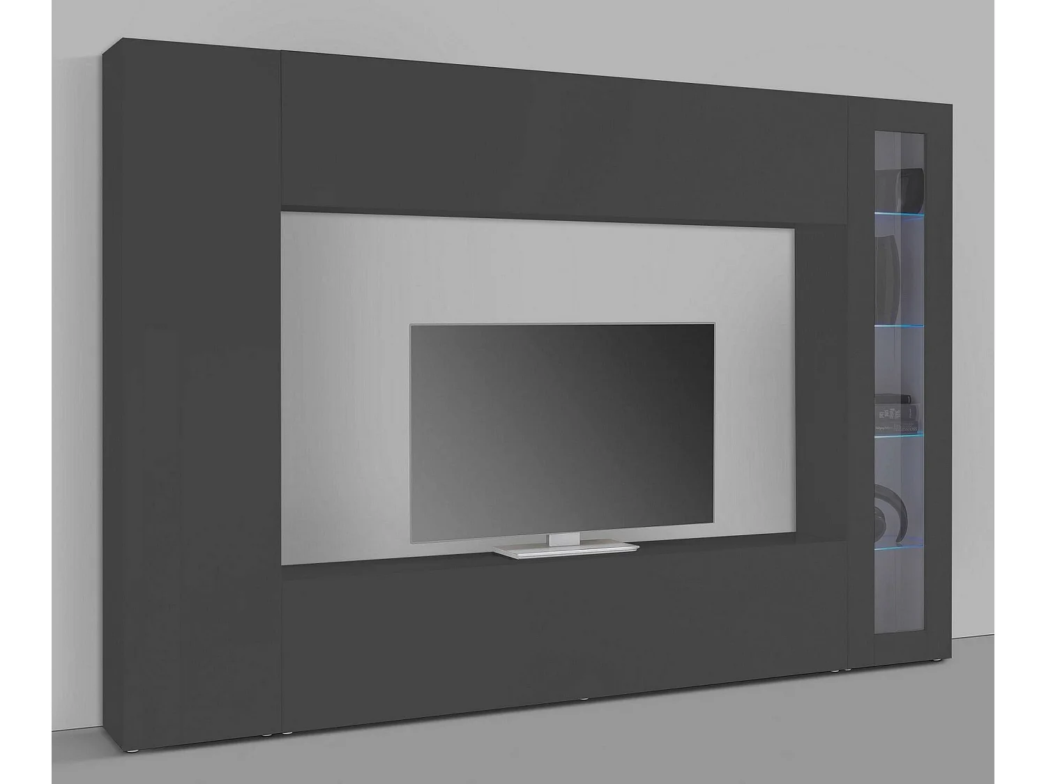 Donatello wandsysteem, TV-meubel woonkamerset, Multifunctioneel woonkamermeubel met vitrine en LED-licht, 100% Made in Italy, 260x30h180 cm, Antraciet