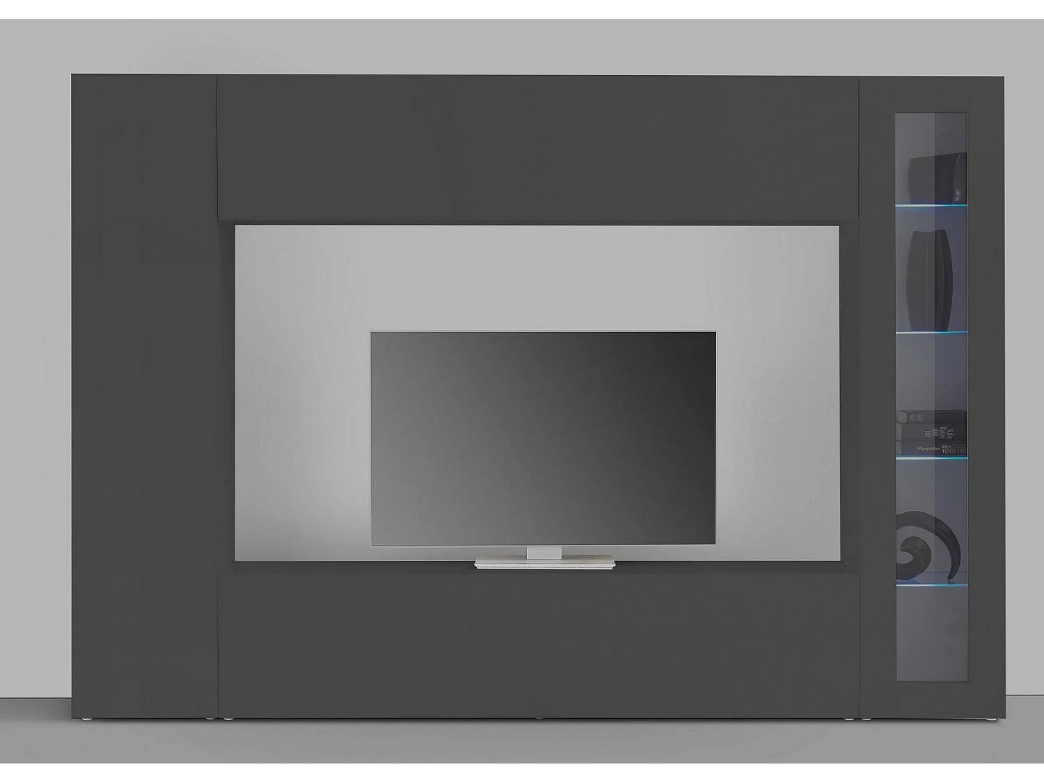 Donatello wandsysteem, TV-meubel woonkamerset, Multifunctioneel woonkamermeubel met vitrine en LED-licht, 100% Made in Italy, 260x30h180 cm, Antraciet