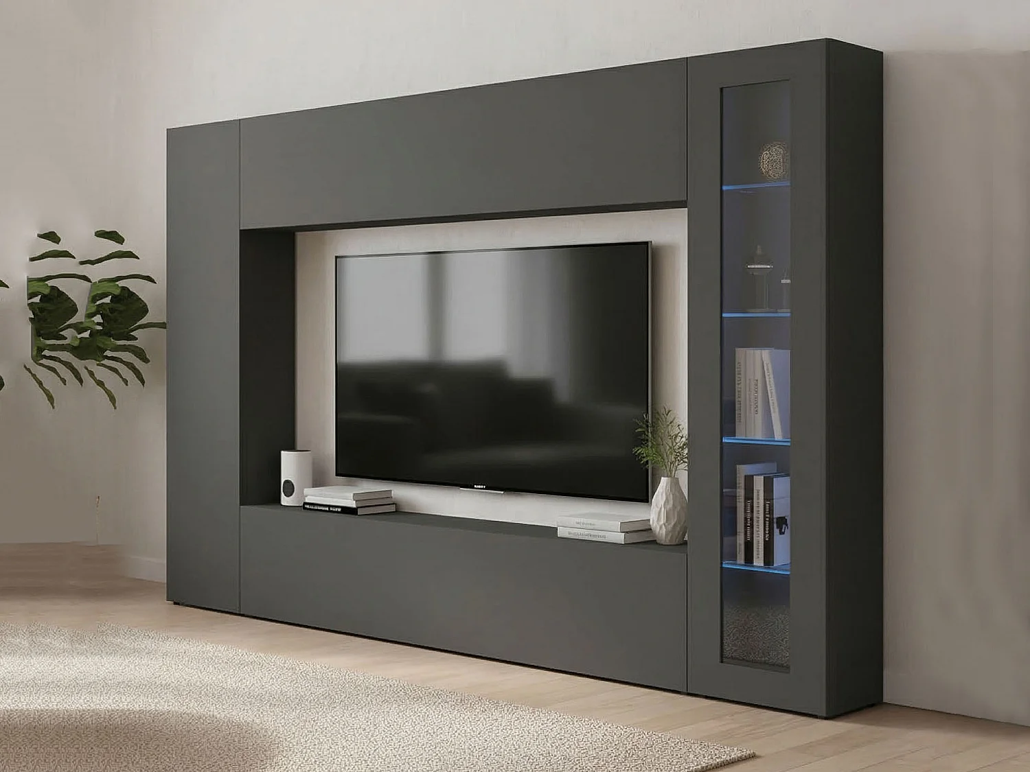 Système mural Donatello, ensemble de salon meuble TV, meuble de salon polyvalent avec vitrine et lumière LED, 100% Made in Italy, 260x30h180 cm, Anthracite