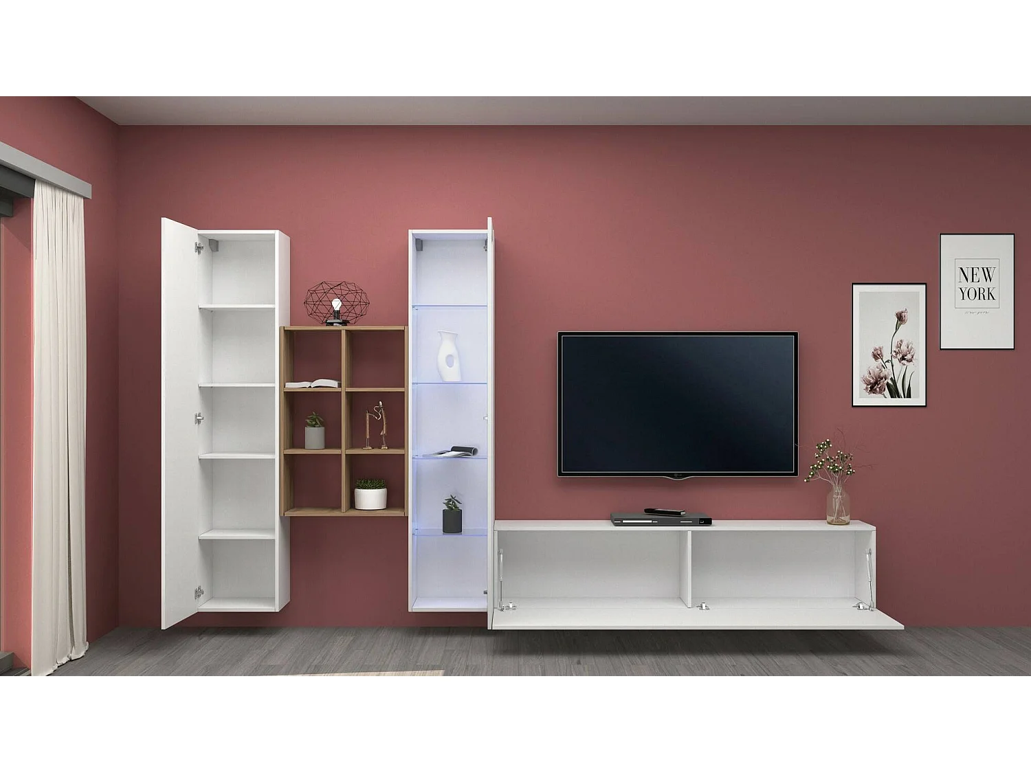 Système mural Eugenio, meuble TV 3 portes, Meuble de salon polyvalent avec vitrine et lumière LED, 100% Made in Italy, 320x30h180 cm, Blanc brillant