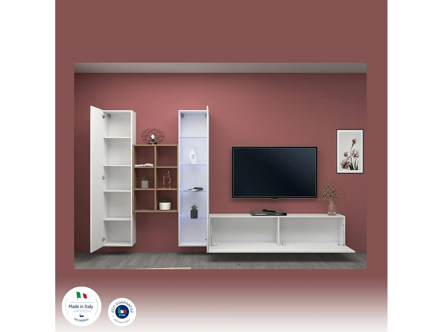 Dmora Parete Attrezzata Eugenio 30x320x180h cm Bianco Lucido 15 Ripiani 3 Ante, Apertura Battente e a Ribalta Made in Italy