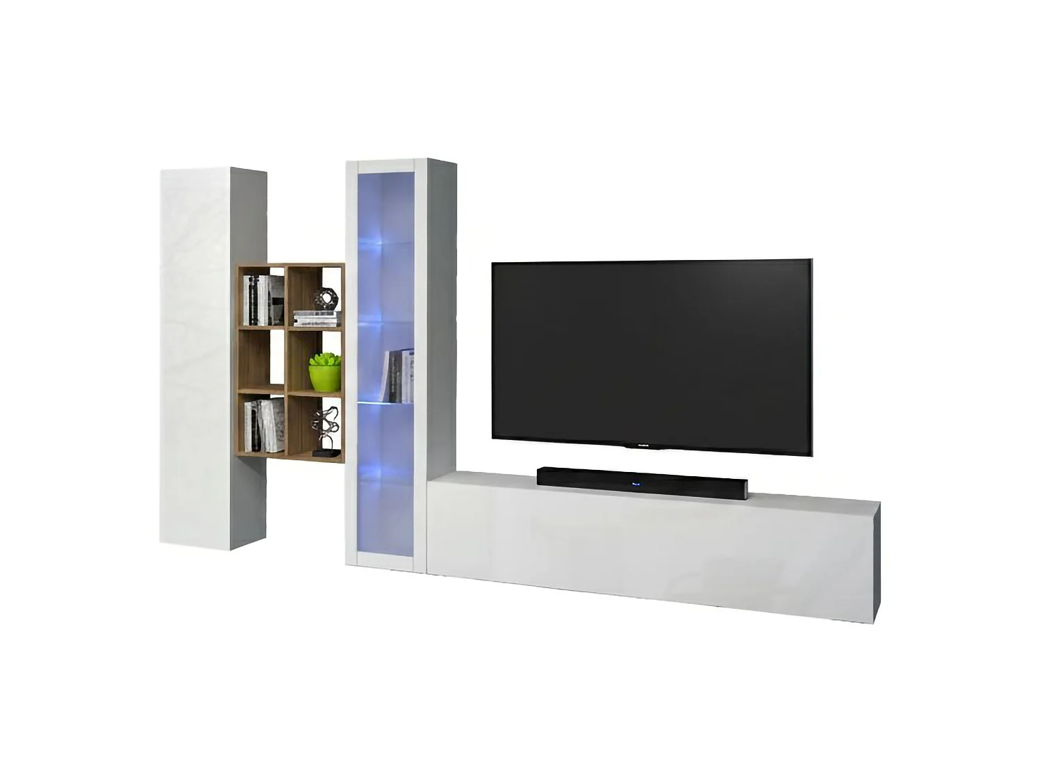 Système mural Eugenio, meuble TV 3 portes, Meuble de salon polyvalent avec vitrine et lumière LED, 100% Made in Italy, 320x30h180 cm, Blanc brillant