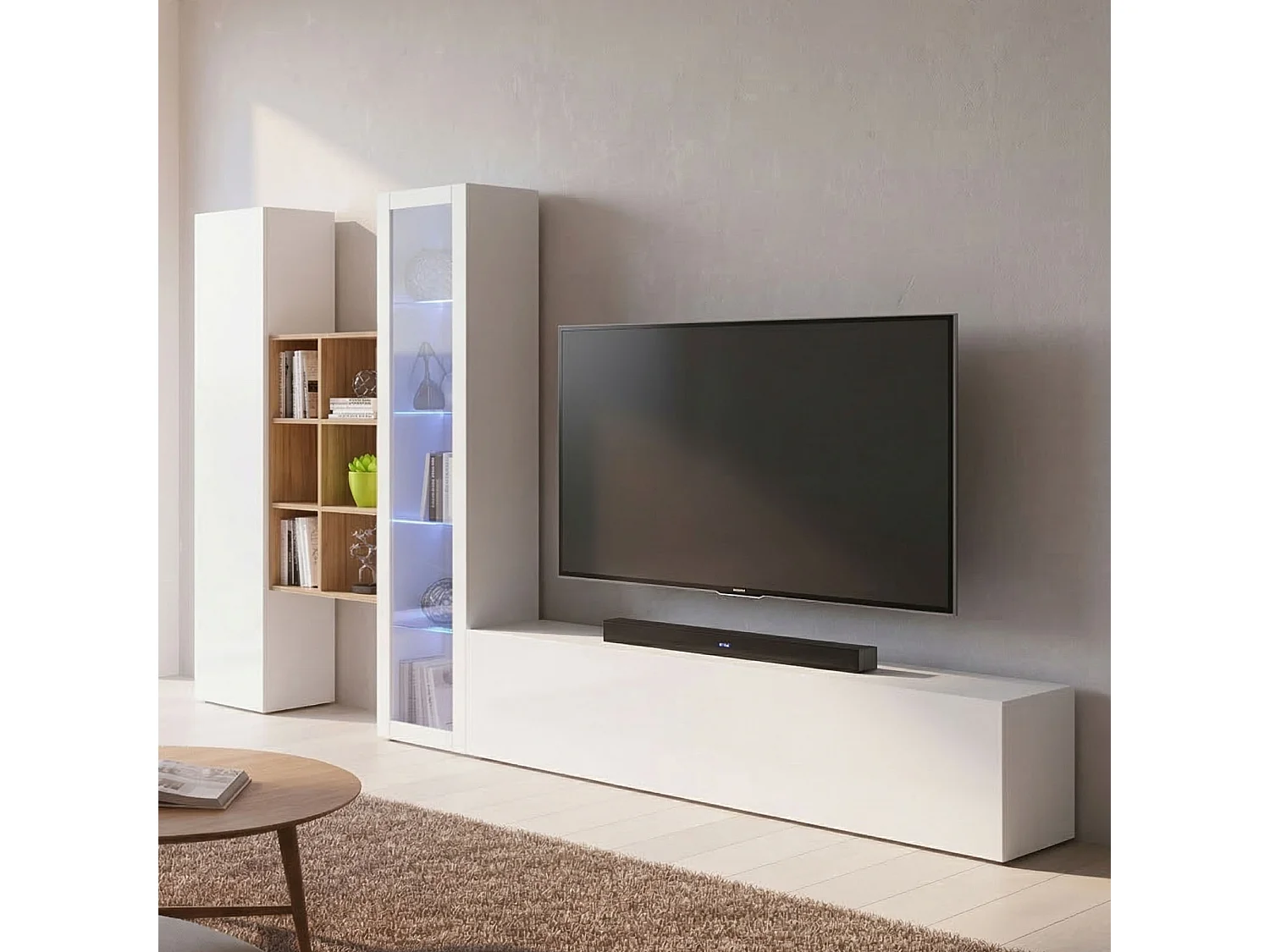 Système mural Eugenio, meuble TV 3 portes, Meuble de salon polyvalent avec vitrine et lumière LED, 100% Made in Italy, 320x30h180 cm, Blanc brillant