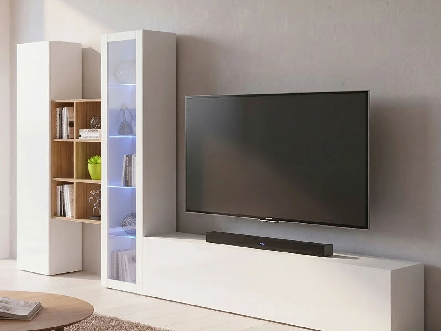 Système mural Eugenio, meuble TV 3 portes, Meuble de salon polyvalent avec vitrine et lumière LED, 100% Made in Italy, 320x30h180 cm, Blanc brillant