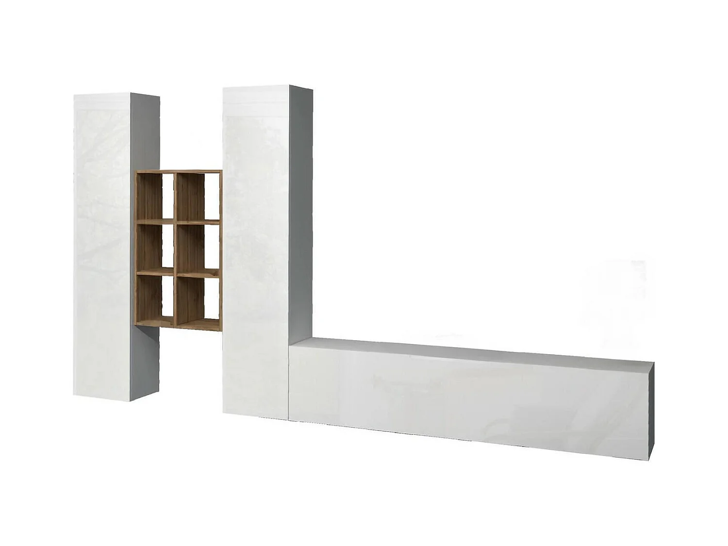 Emiliano wandmeubel, 3-deurs TV-meubel woonkamerset, Multifunctioneel woonkamermeubel, 100% Made in Italy, 320x30h180 cm, Glanzend wit en esdoorn