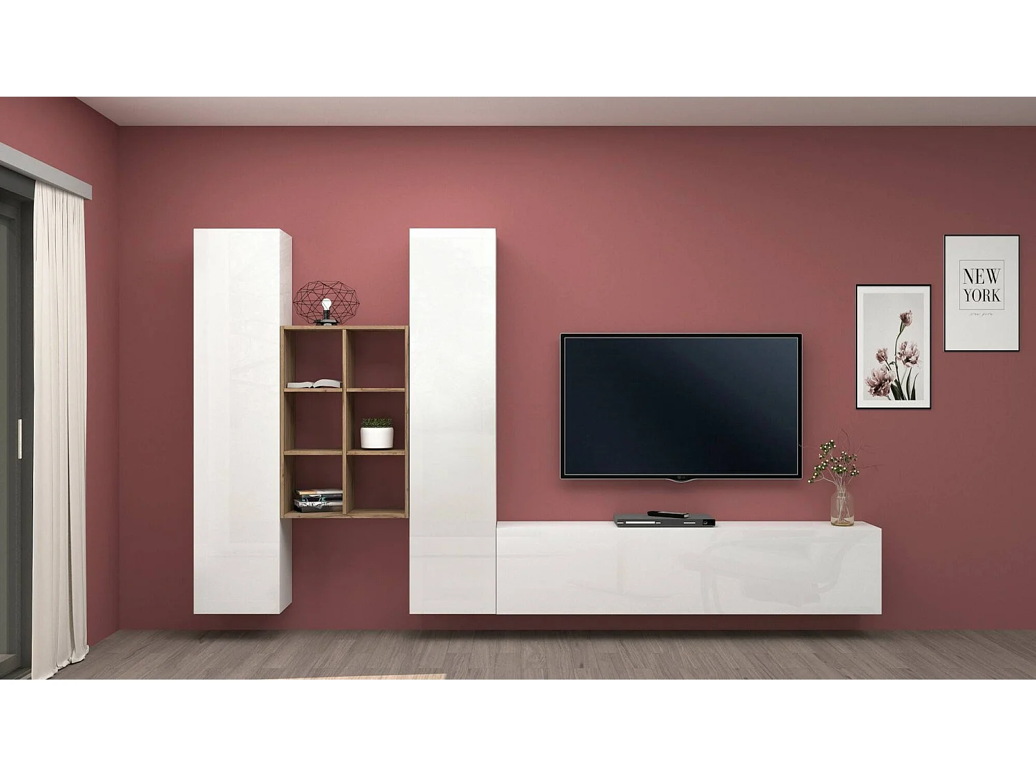 Móvel de parede Emiliano, conjunto de sala de TV com 3 portas, móveis de sala multiuso, 100% Made in Italy, 320x30h180 cm, branco brilhante e bordo