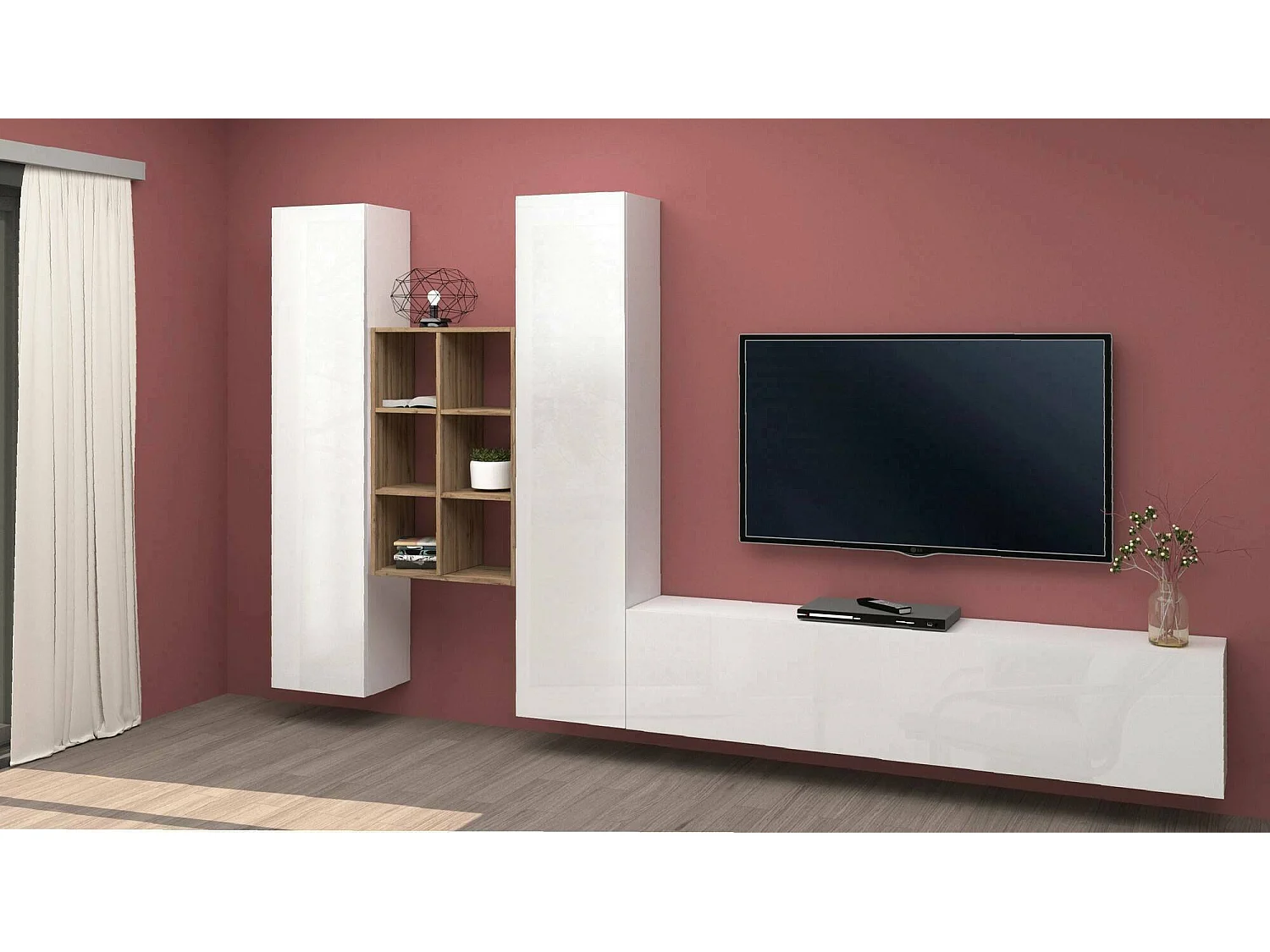 Móvel de parede Emiliano, conjunto de sala de TV com 3 portas, móveis de sala multiuso, 100% Made in Italy, 320x30h180 cm, branco brilhante e bordo