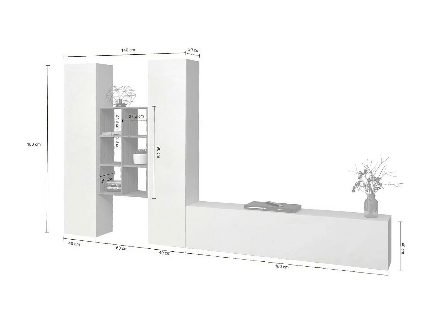 Móvel de parede Emiliano, conjunto de sala de TV com 3 portas, móveis de sala multiuso, 100% Made in Italy, 320x30h180 cm, branco brilhante e bordo