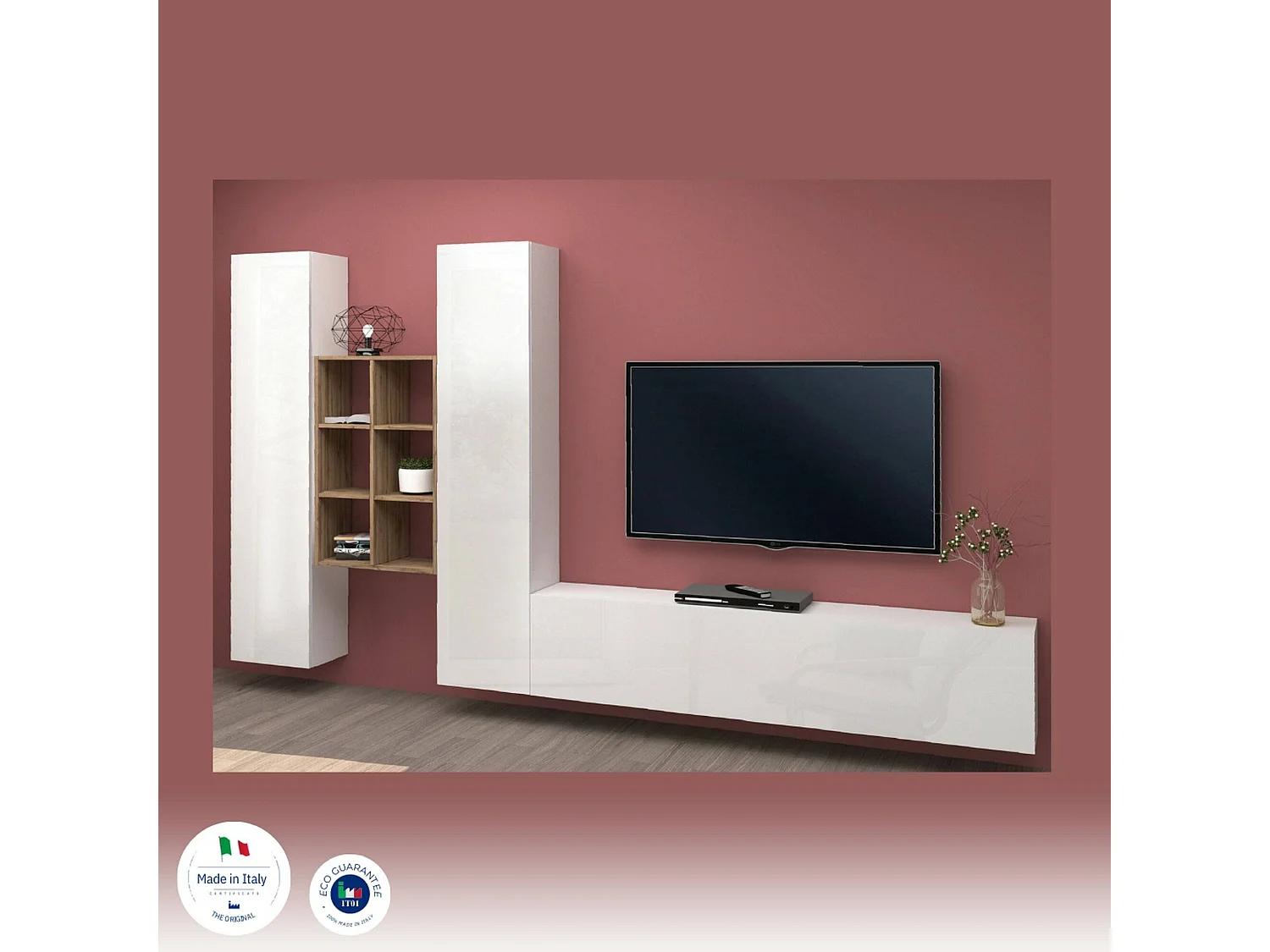 Móvel de parede Emiliano, conjunto de sala de TV com 3 portas, móveis de sala multiuso, 100% Made in Italy, 320x30h180 cm, branco brilhante e bordo