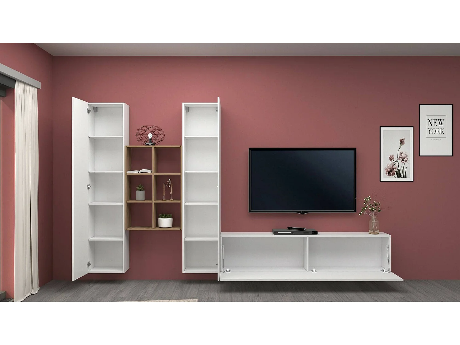 Móvel de parede Emiliano, conjunto de sala de TV com 3 portas, móveis de sala multiuso, 100% Made in Italy, 320x30h180 cm, branco brilhante e bordo