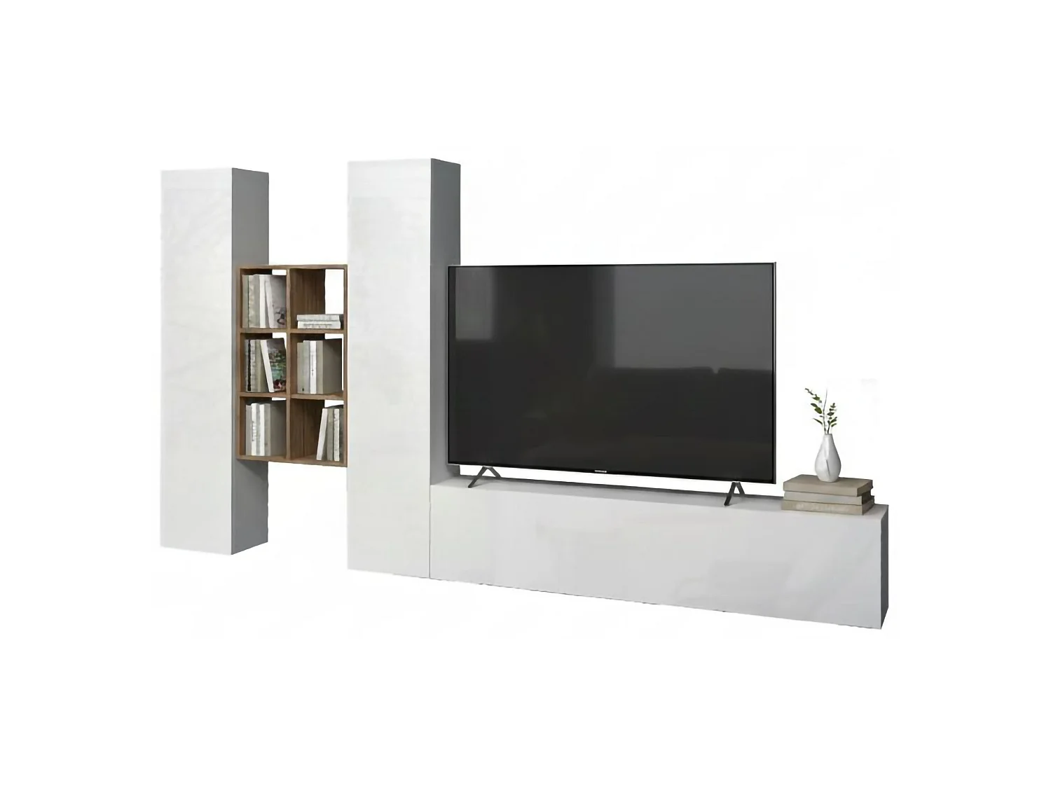 Élément mural Emiliano, meuble TV 3 portes, Meuble de salon polyvalent, 100% Made in Italy, 320x30h180 cm, Blanc brillant et érable