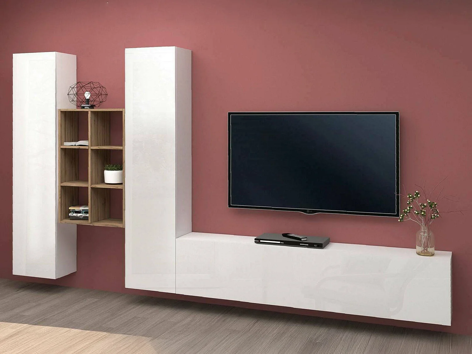 Élément mural Emiliano, meuble TV 3 portes, Meuble de salon polyvalent, 100% Made in Italy, 320x30h180 cm, Blanc brillant et érable