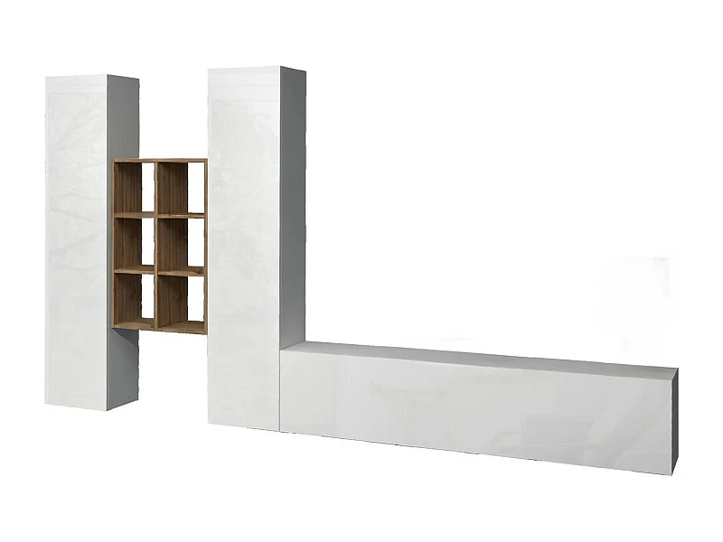 Dmora Wandmeubel Emiliano 30x320x180h cm Wit Glanzend 15 Planken Deuren en Klep, 18 Vakken Made in Italy
