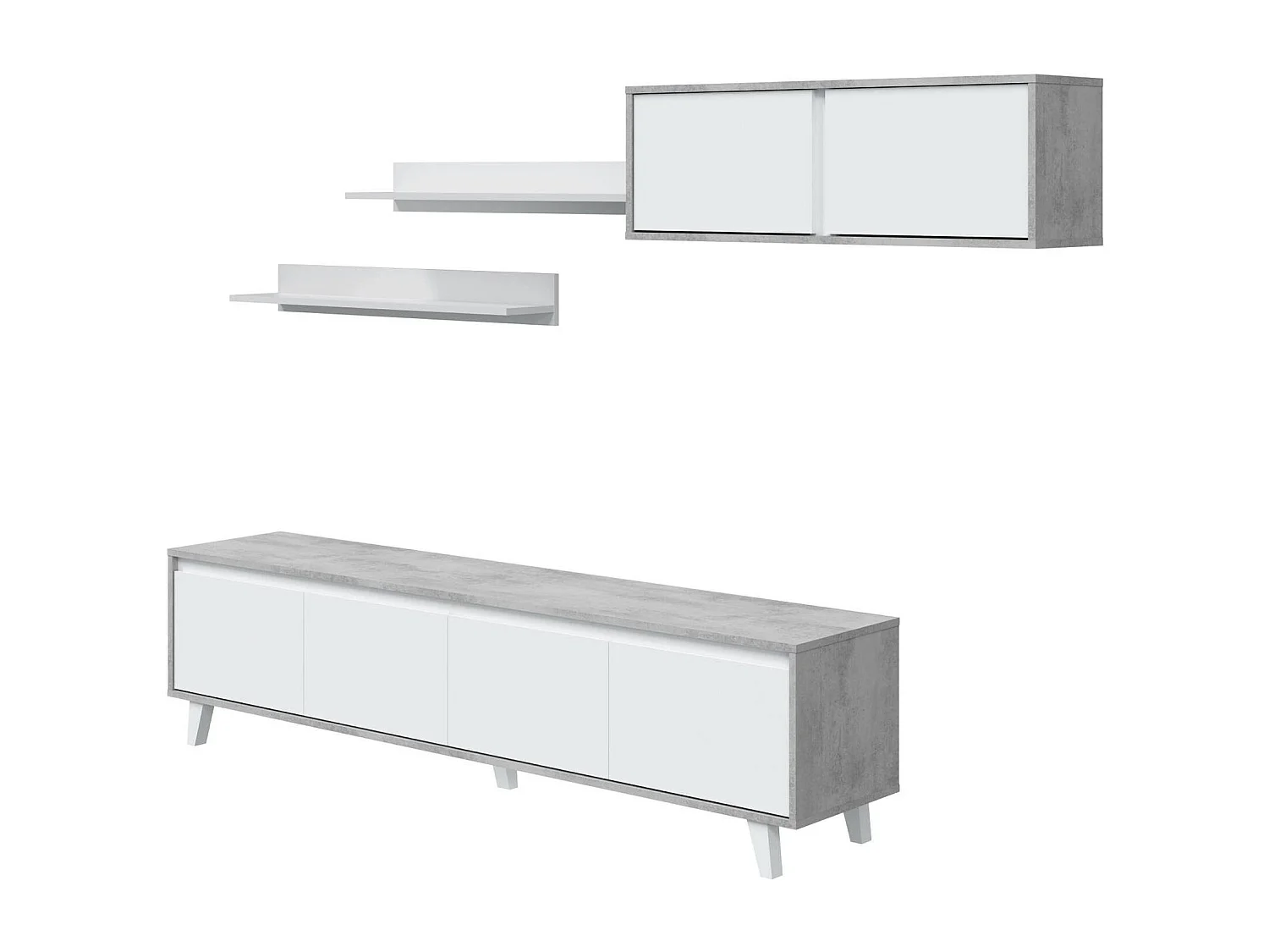 Mur de rangement Vergennes, Ensemble de salon, Meubles de salon polyvalents, Mur de rangement moderne, 200x41h50 cm, Ciment et Blanc Brillant