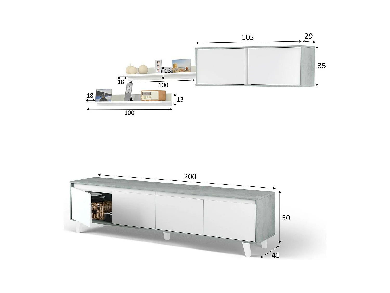 Mur de rangement Vergennes, Ensemble de salon, Meubles de salon polyvalents, Mur de rangement moderne, 200x41h50 cm, Ciment et Blanc Brillant