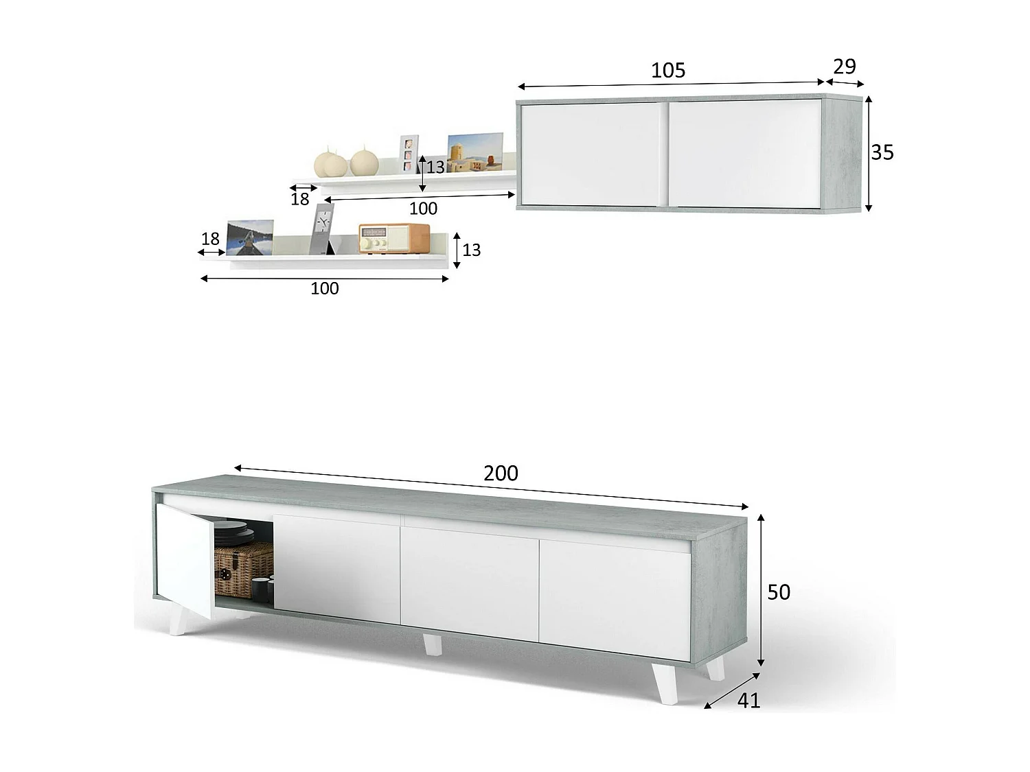 Mur de rangement Vergennes, Ensemble de salon, Meubles de salon polyvalents, Mur de rangement moderne, 200x41h50 cm, Ciment et Blanc Brillant