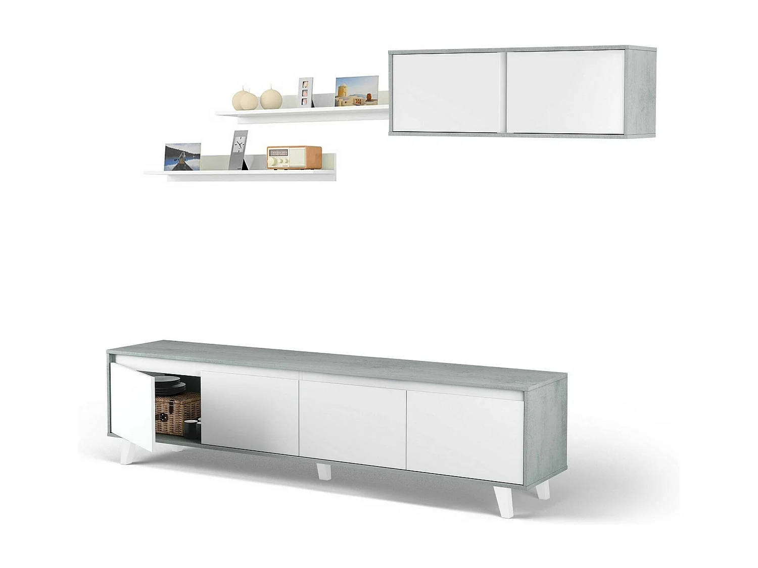Mur de rangement Vergennes, Ensemble de salon, Meubles de salon polyvalents, Mur de rangement moderne, 200x41h50 cm, Ciment et Blanc Brillant