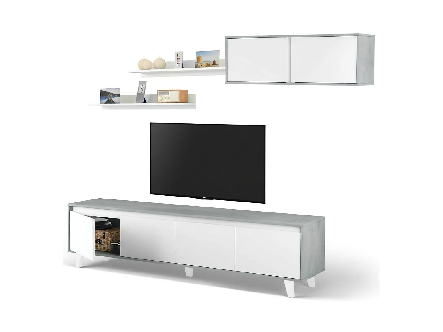 Mur de rangement Vergennes, Ensemble de salon, Meubles de salon polyvalents, Mur de rangement moderne, 200x41h50 cm, Ciment et Blanc Brillant