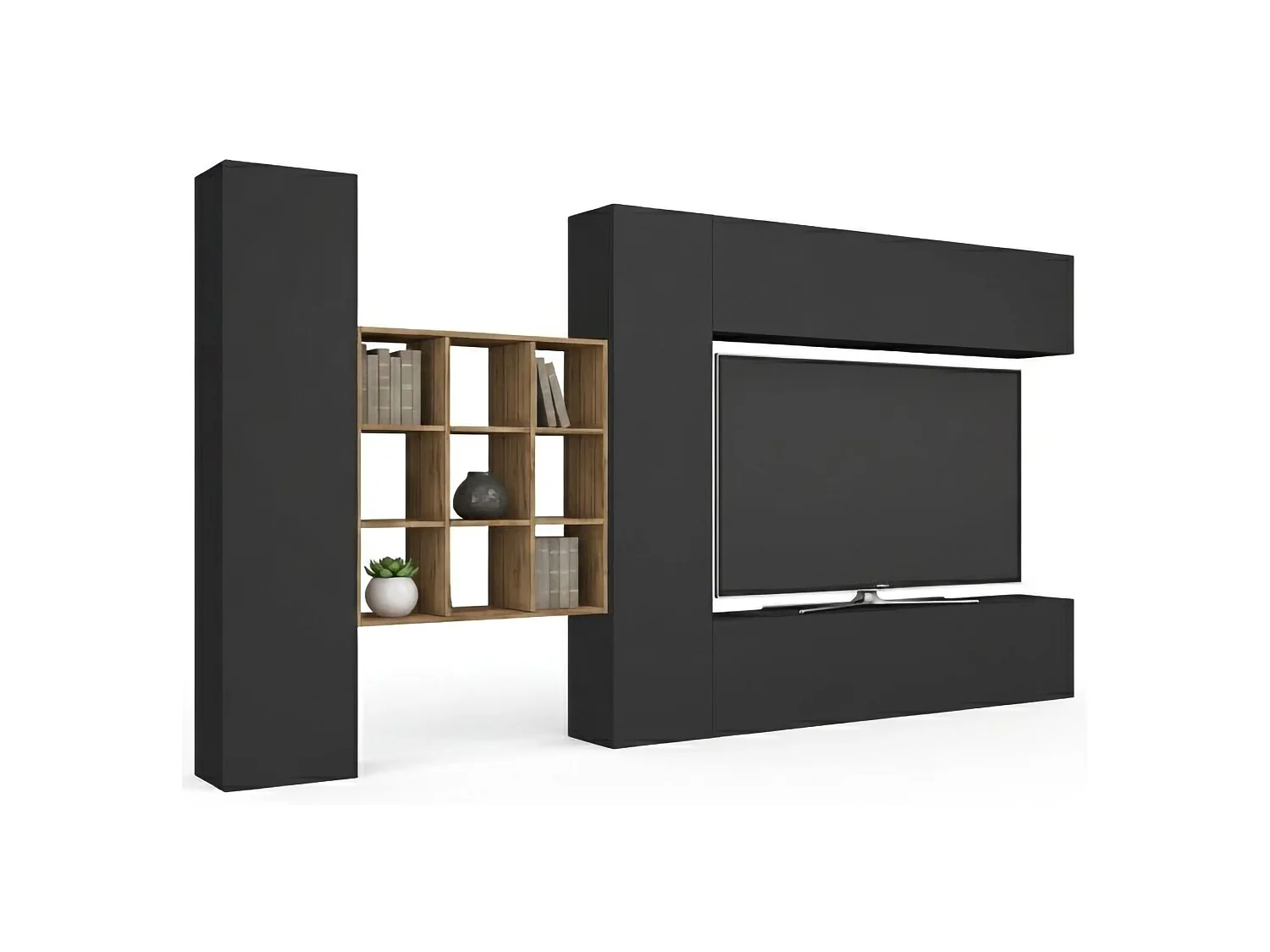 Sistema de parede Gualtiero, conjunto de sala de TV com 4 portas, móveis de sala multiuso, 100% Fabricado na Itália, 350x30h180 cm, Antracite
