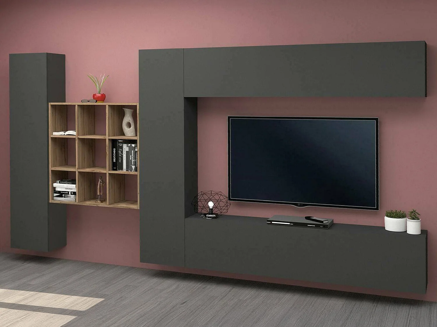 Sistema de parede Gualtiero, conjunto de sala de TV com 4 portas, móveis de sala multiuso, 100% Fabricado na Itália, 350x30h180 cm, Antracite