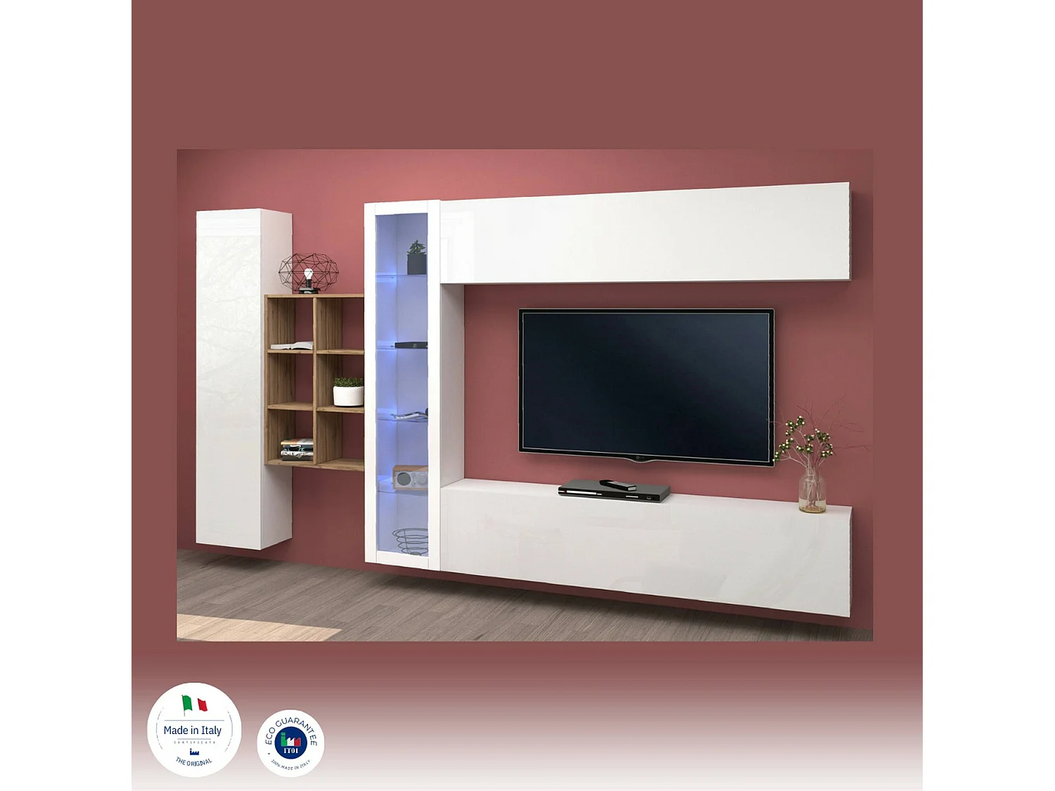 Élément mural Dino, meuble TV 4 portes, Meuble de salon polyvalent avec vitrine et lumière LED, 100% Made in Italy, 280x30h180 cm, Blanc brillant et érable