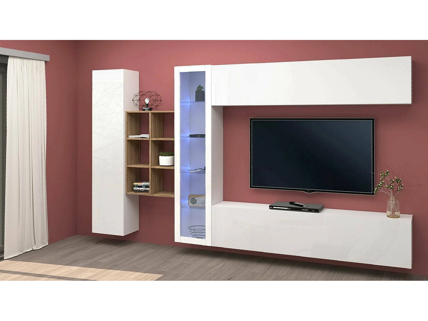 Élément mural Dino, meuble TV 4 portes, Meuble de salon polyvalent avec vitrine et lumière LED, 100% Made in Italy, 280x30h180 cm, Blanc brillant et érable