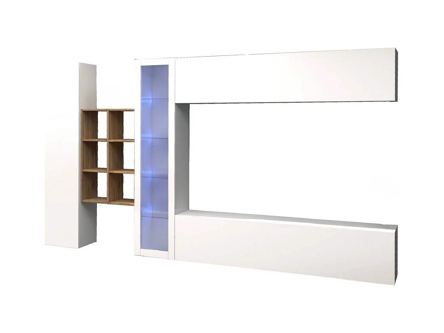 Parete attrezzata Dino, Set salotto porta TV a 4 ante, Mobile soggiorno multiuso con vetrina e luce LED, 100% Made in Italy, cm 280x30h180, Bianco lucido e Acero