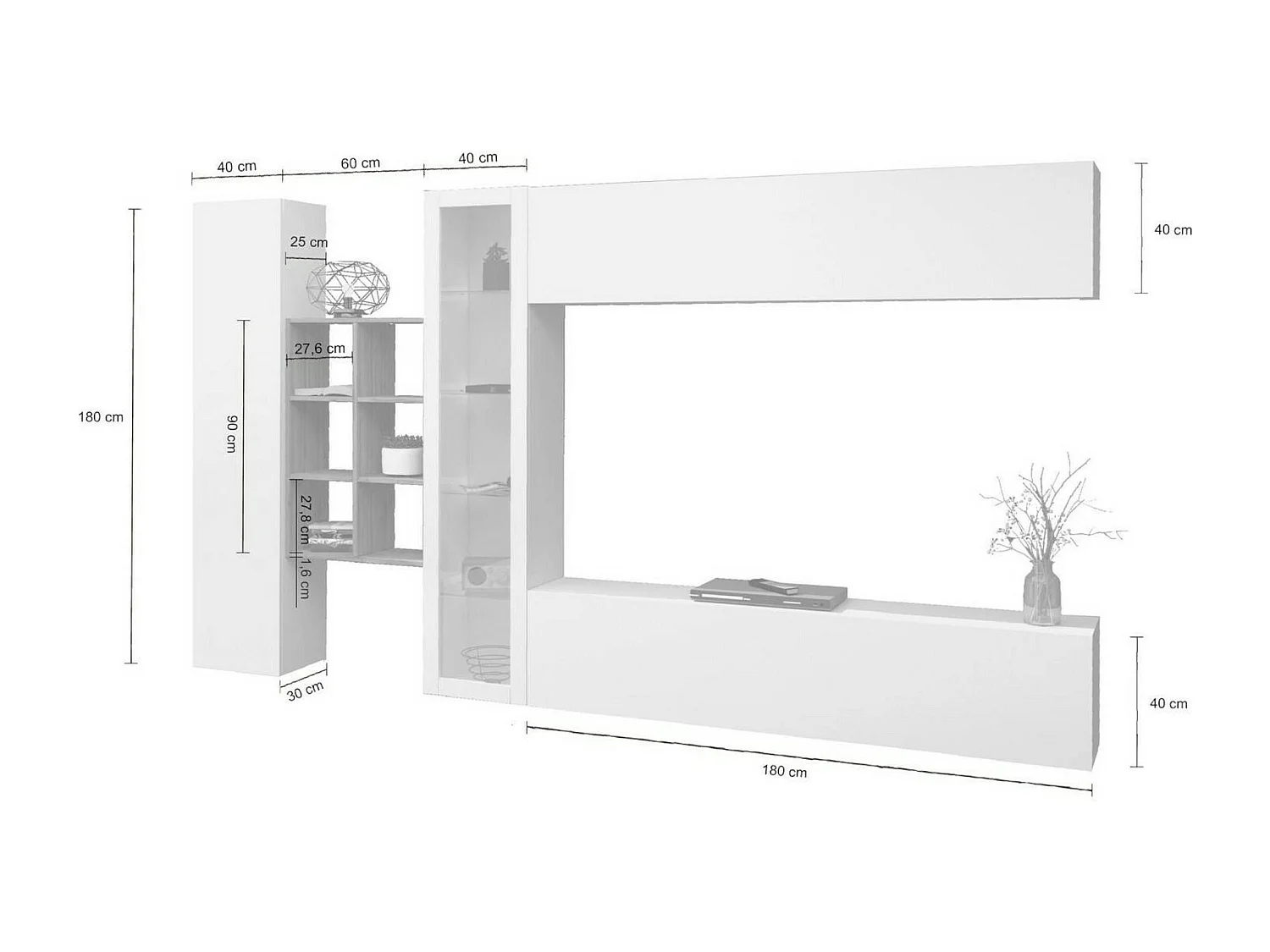 Parete attrezzata Dino, Set salotto porta TV a 4 ante, Mobile soggiorno multiuso con vetrina e luce LED, 100% Made in Italy, cm 280x30h180, Bianco lucido e Acero