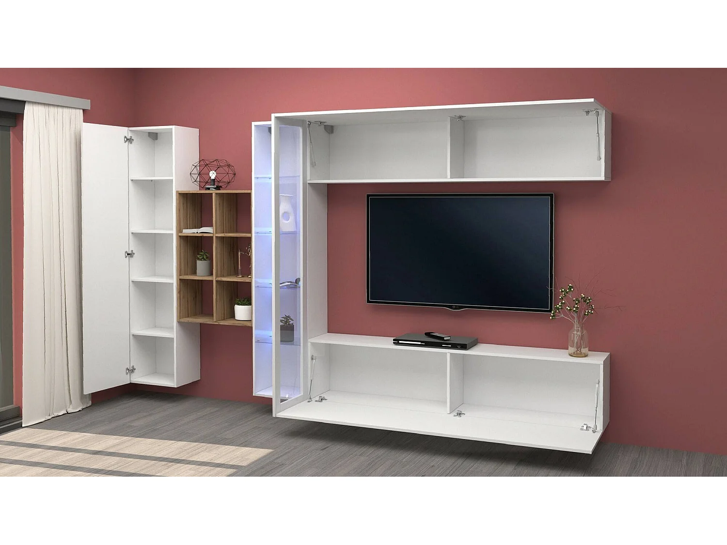 Parete attrezzata Dino, Set salotto porta TV a 4 ante, Mobile soggiorno multiuso con vetrina e luce LED, 100% Made in Italy, cm 280x30h180, Bianco lucido e Acero