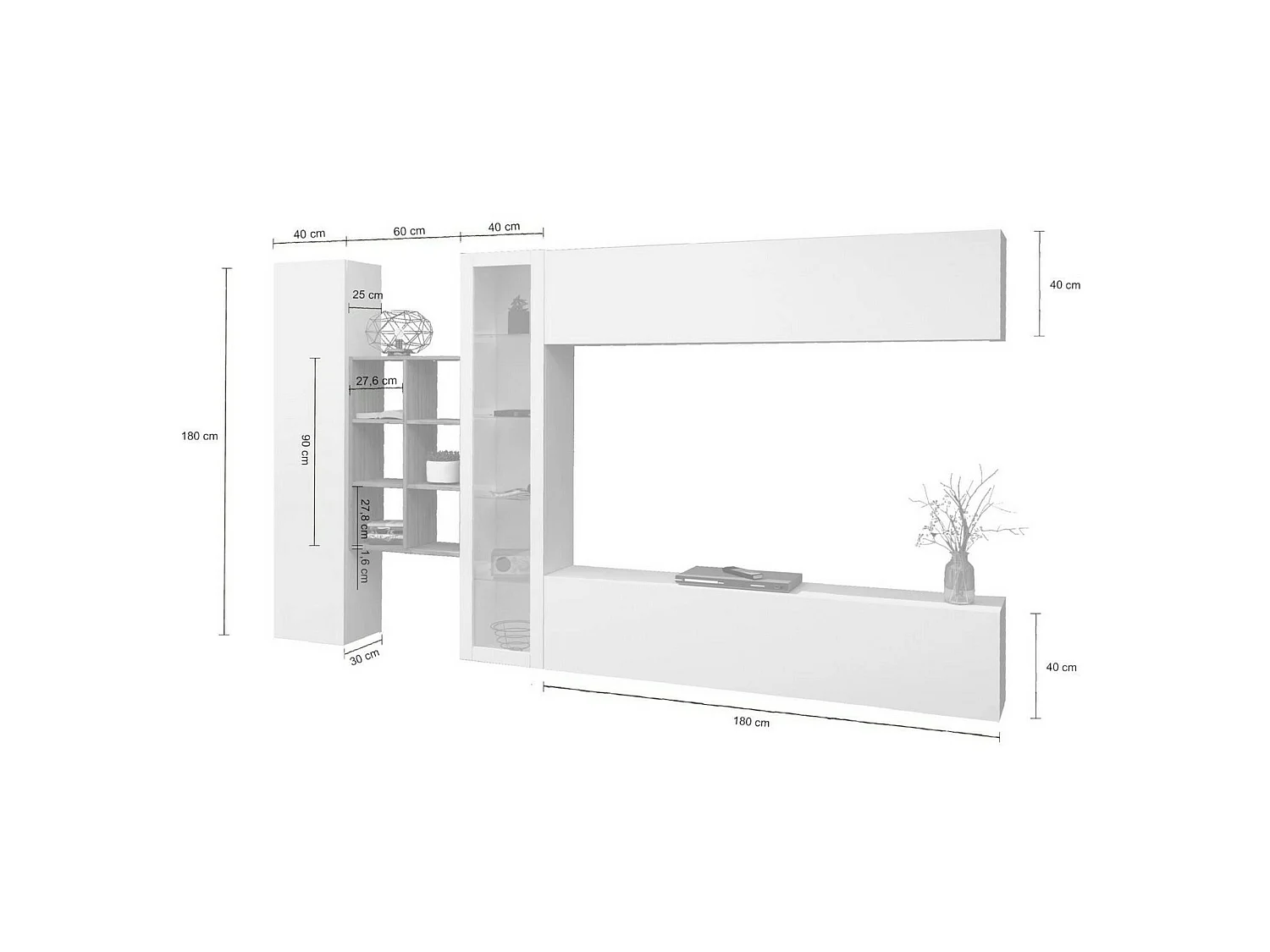 Élément mural Dino, meuble TV 4 portes, Meuble de salon polyvalent avec vitrine et lumière LED, 100% Made in Italy, 280x30h180 cm, Blanc brillant et érable