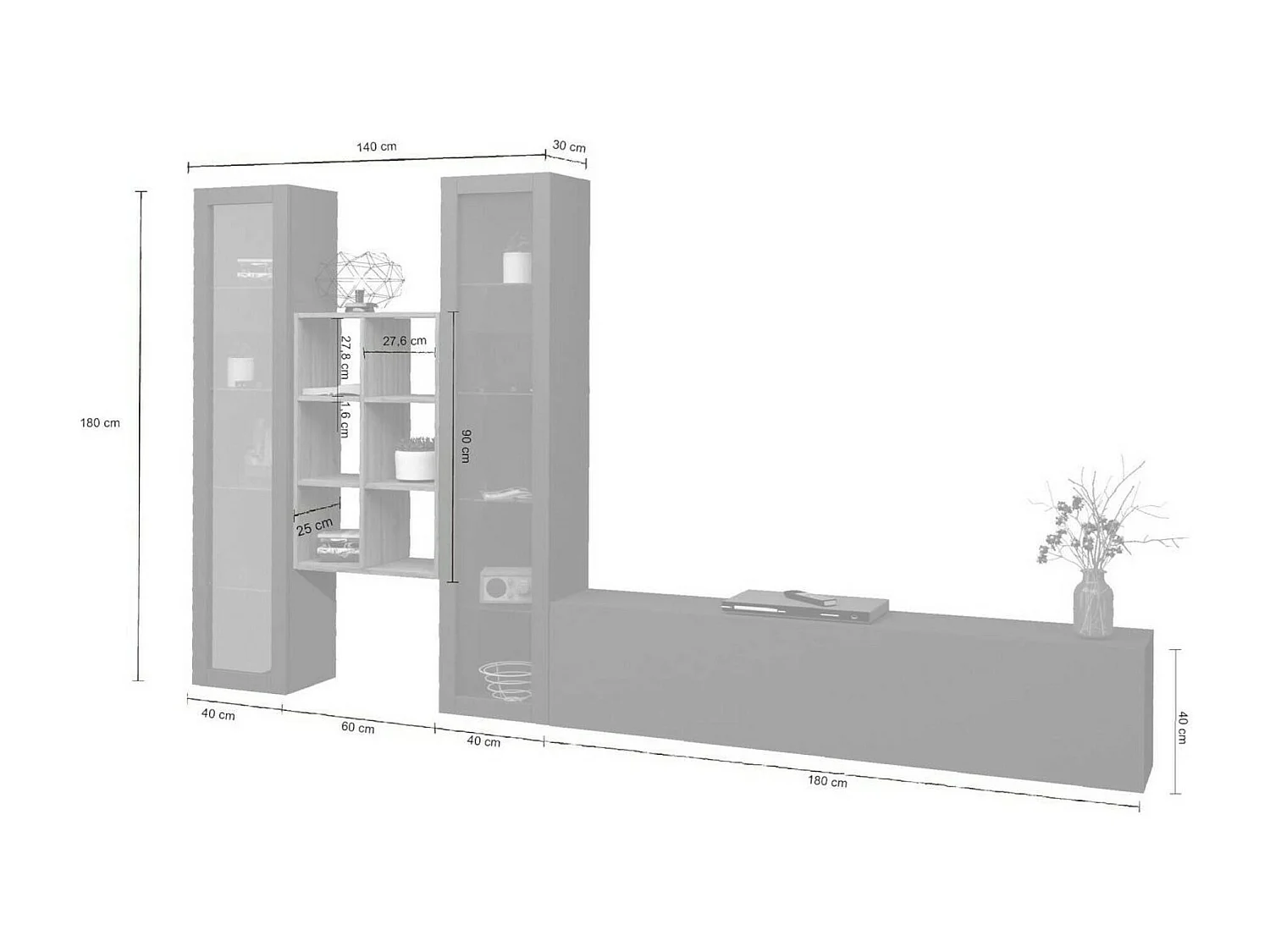 Pared Equipada Eros, Conjunto de salón Mueble de TV con 3 puertas, Mueble de salón polivalente con vitrina y luz LED, 100% Made in Italy, cm 320x30h180, Antracita