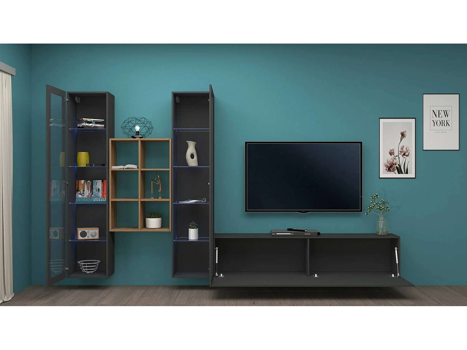 Système mural Eros, ensemble de salon meuble TV 3 portes, meuble de salon polyvalent avec vitrine et lumière LED, 100% Made in Italy, 320x30h180 cm, Anthracite