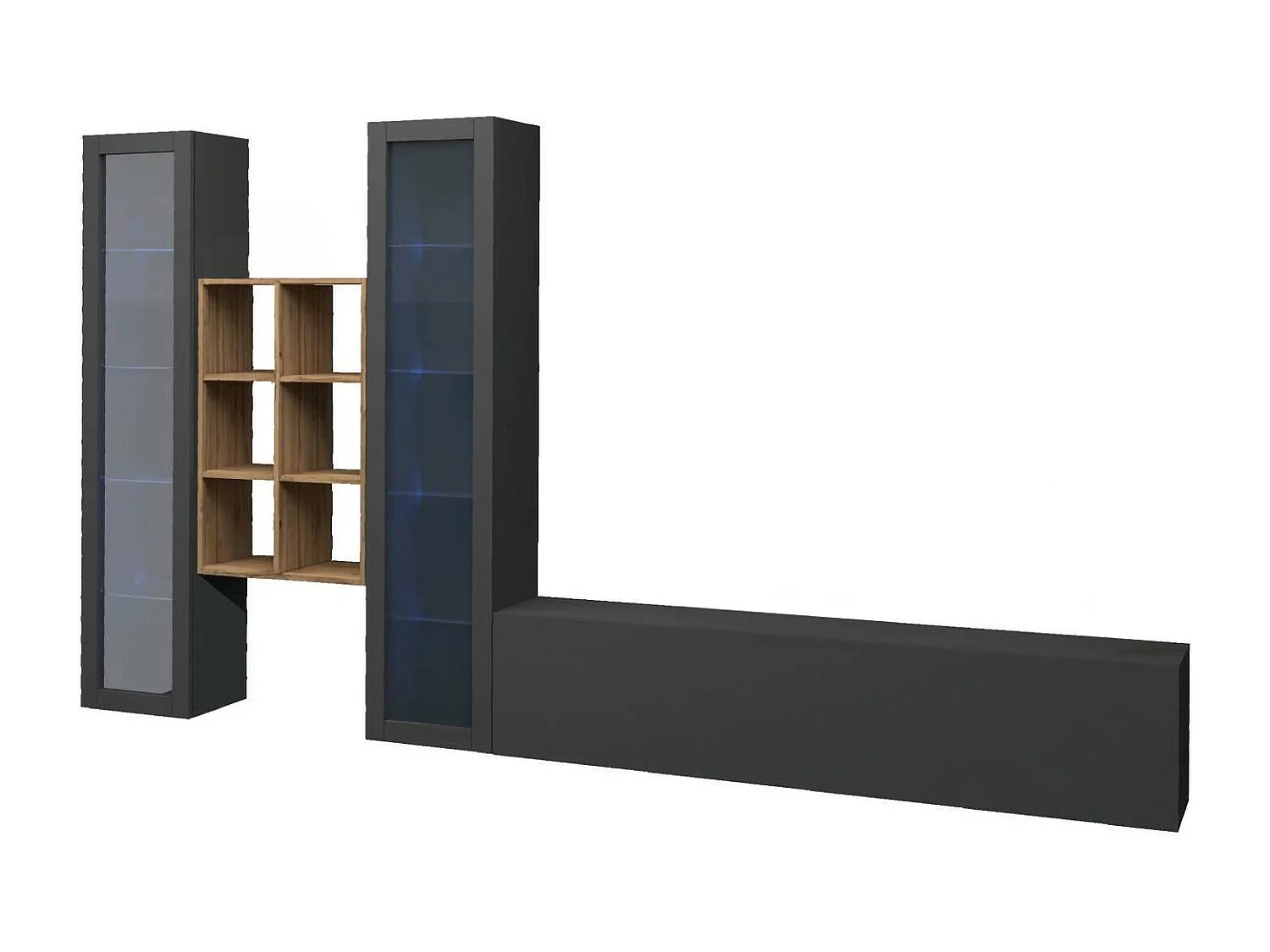 Sistema de parede Eros, conjunto de sala de TV com 3 portas, mobiliário de sala multiuso com vitrine e luz LED, 100% Fabricado na Itália, 320x30h180 cm, Antracite