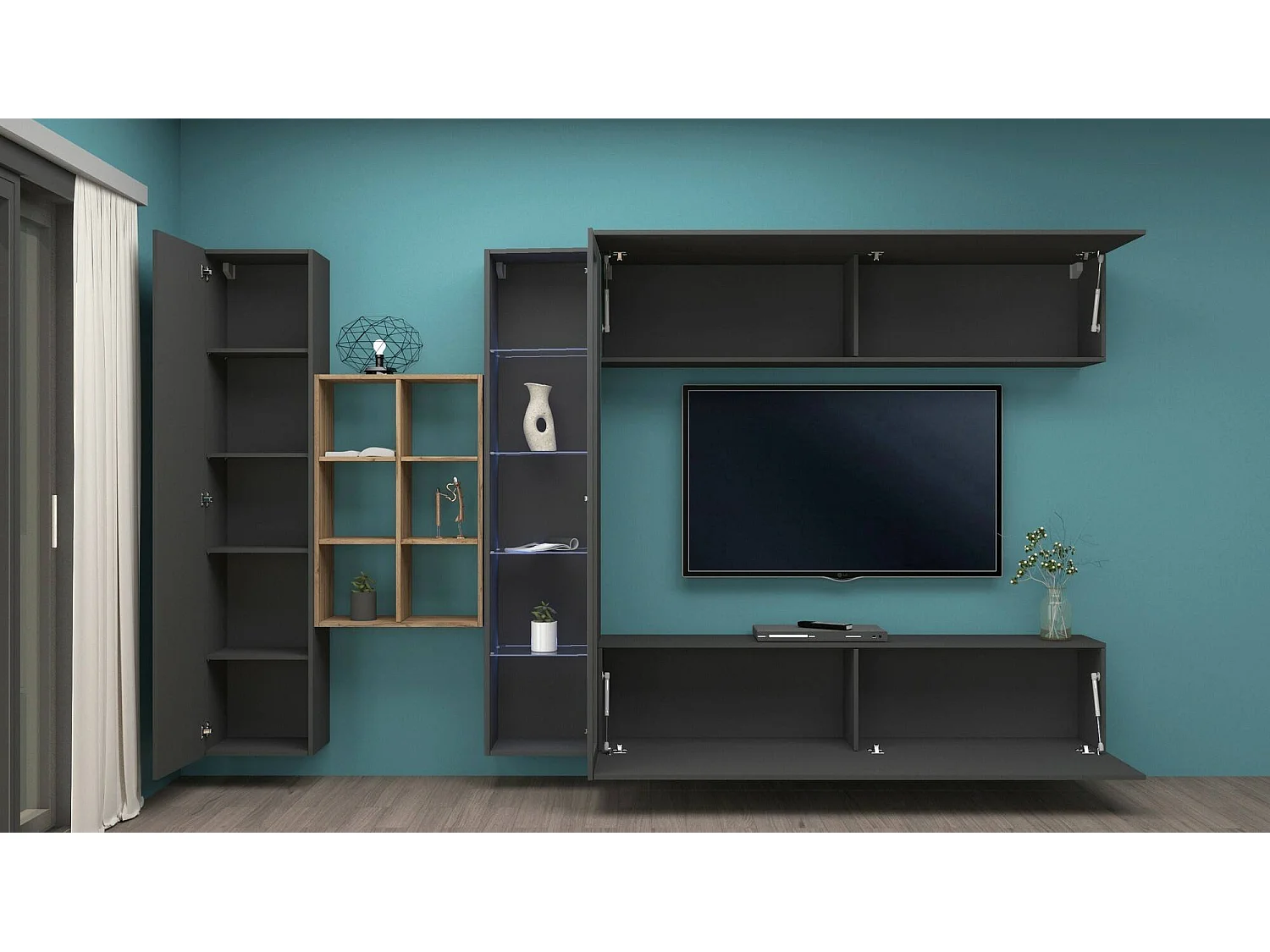 Parete attrezzata Dino, Set salotto porta TV a 4 ante, Mobile soggiorno multiuso con vetrina e luce LED, 100% Made in Italy, cm 280x30h180, Antracite e Acero