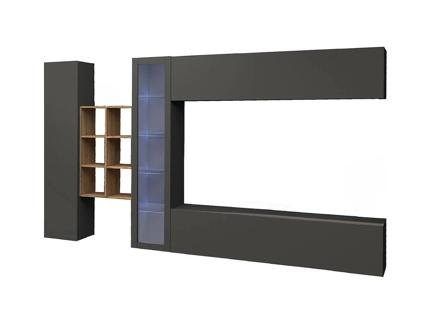 Móvel de parede Dino, móvel de sala de TV de 4 portas, mobiliário de sala multiuso com vitrine e luz LED, 100% Fabricado em Itália, 280x30h180 cm, Antracite e Bordo