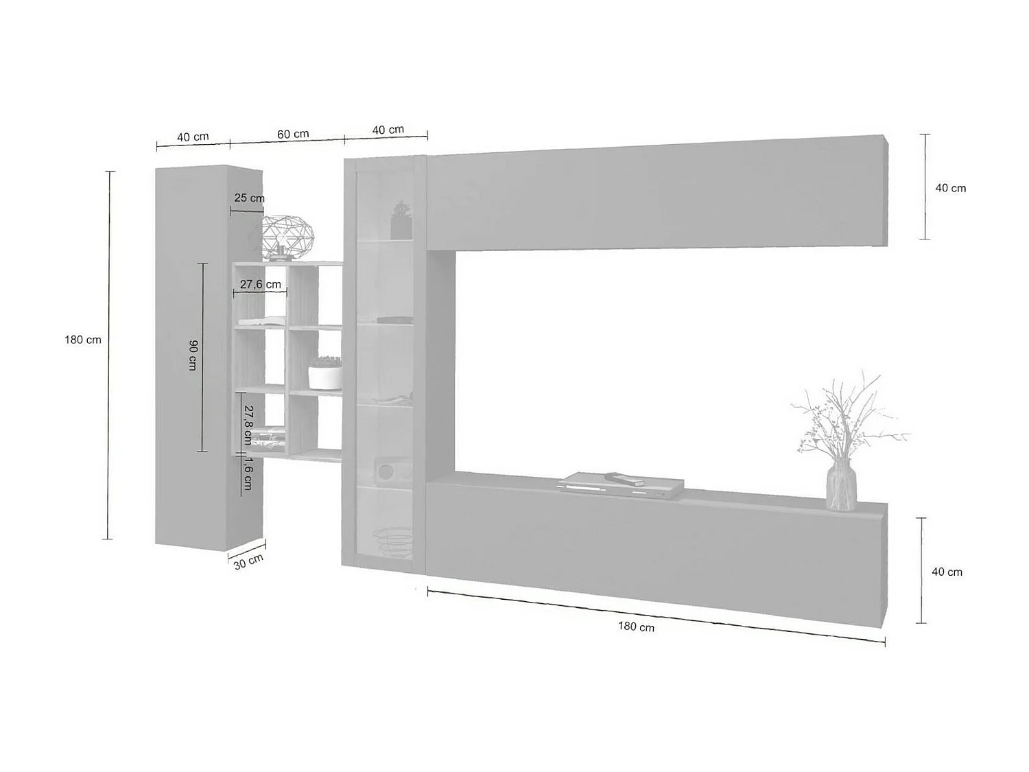 Móvel de parede Dino, móvel de sala de TV de 4 portas, mobiliário de sala multiuso com vitrine e luz LED, 100% Fabricado em Itália, 280x30h180 cm, Antracite e Bordo