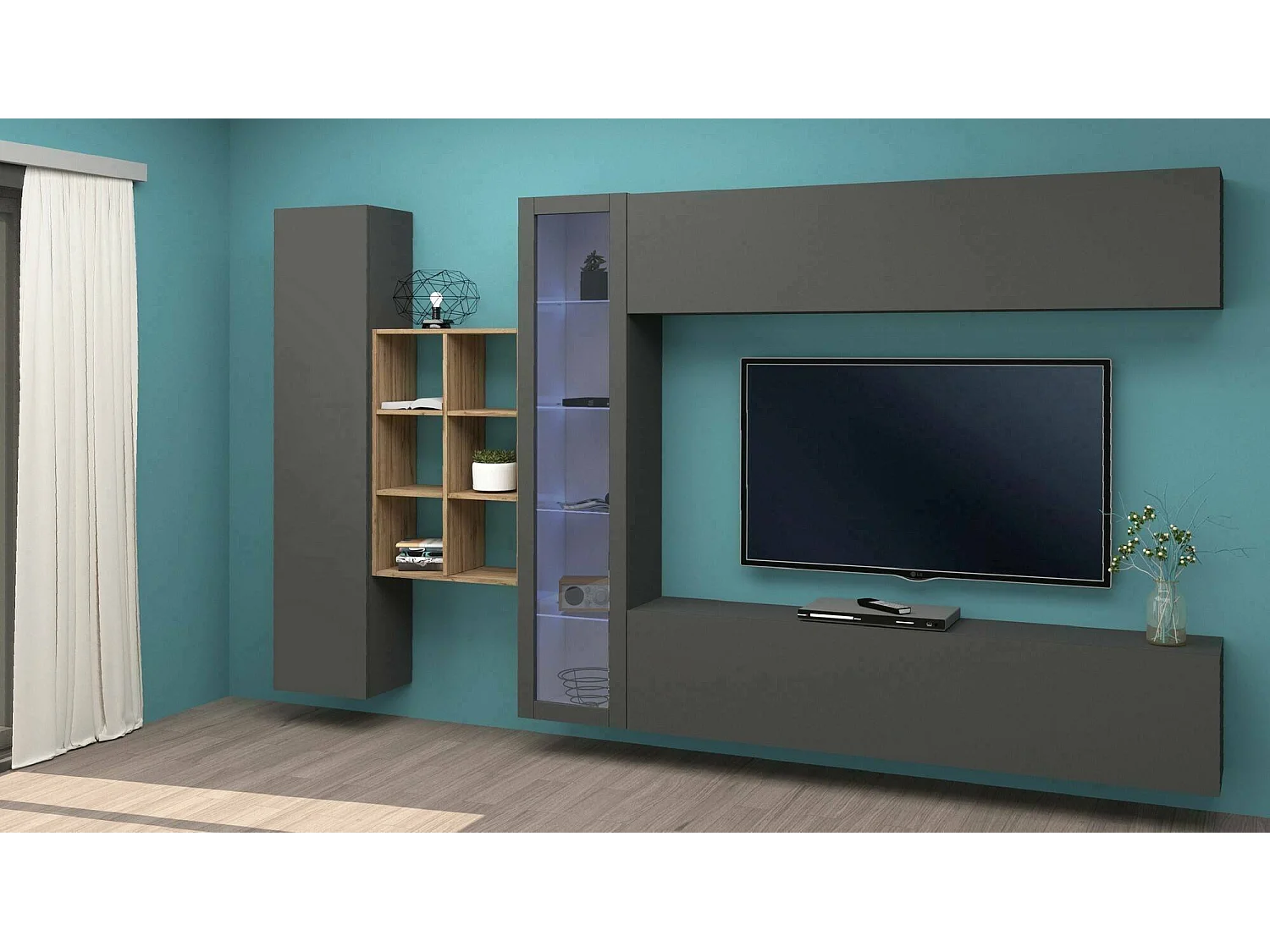 Wohnzimmermöbel Dino, Wohnzimmer-Set TV-Möbel mit 4 Türen, Mehrzweck-Wohnmöbel mit Vitrine und LED-Licht, 100% Made in Italy, cm 280x30h180, Anthrazit und Ahorn