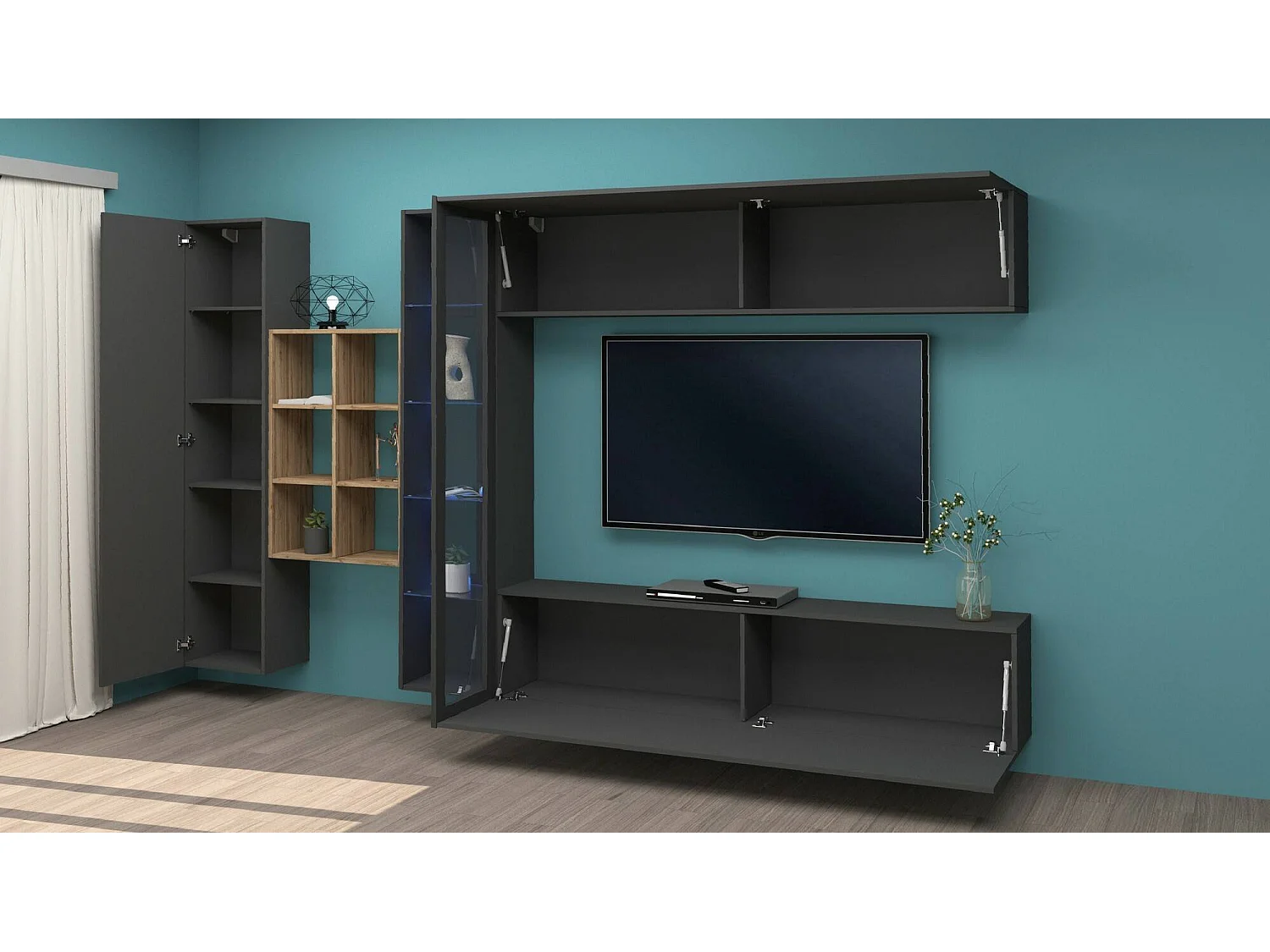 Wohnzimmermöbel Dino, Wohnzimmer-Set TV-Möbel mit 4 Türen, Mehrzweck-Wohnmöbel mit Vitrine und LED-Licht, 100% Made in Italy, cm 280x30h180, Anthrazit und Ahorn