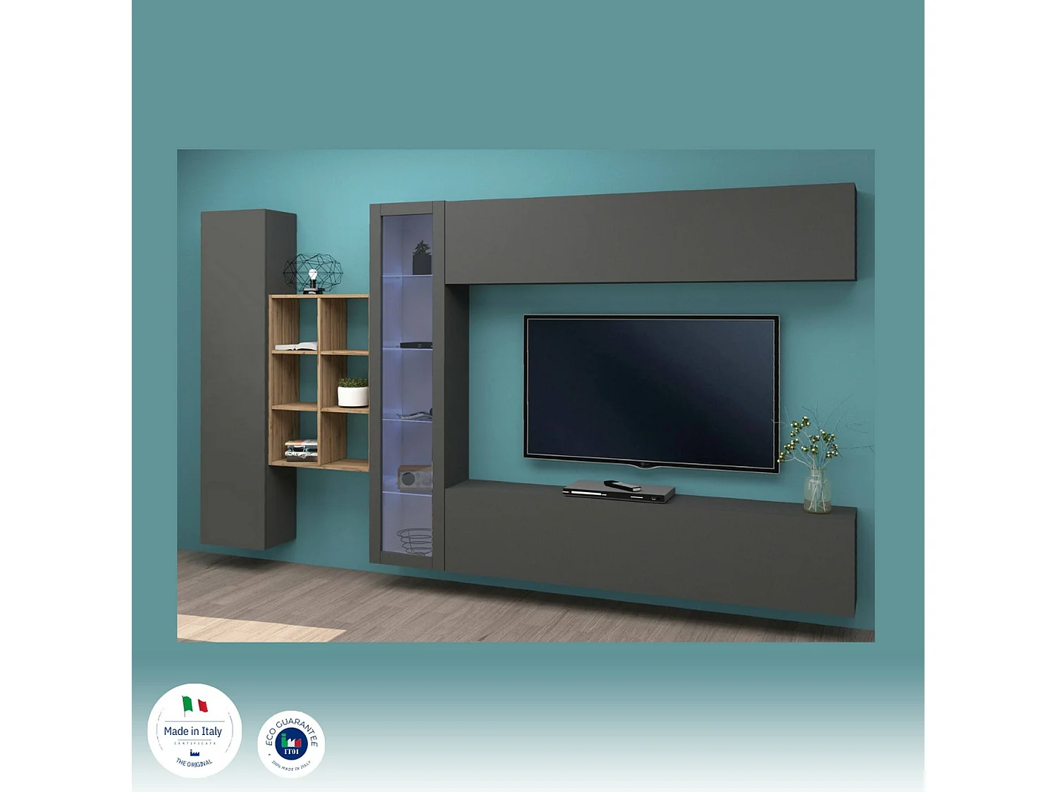 Wohnzimmermöbel Dino, Wohnzimmer-Set TV-Möbel mit 4 Türen, Mehrzweck-Wohnmöbel mit Vitrine und LED-Licht, 100% Made in Italy, cm 280x30h180, Anthrazit und Ahorn
