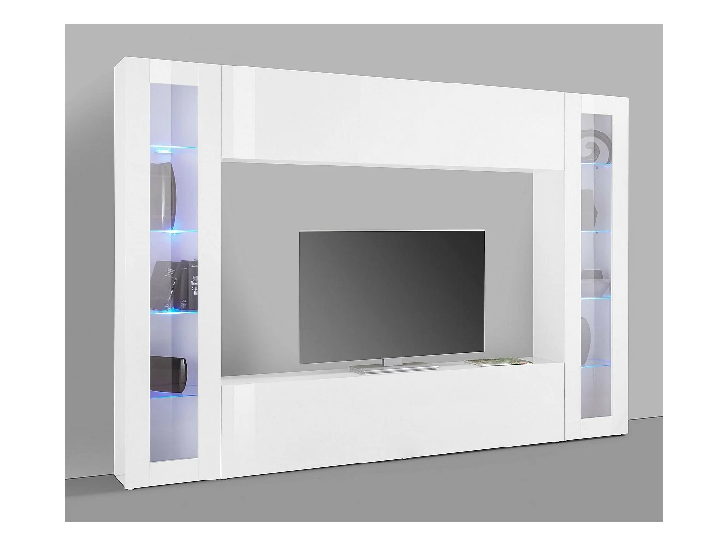 Élément mural Luigi, meuble TV 4 portes, Meuble de salon polyvalent, 100% Made in Italy, 260x30h180 cm, Blanc brillant, avec lumière LED bleue et deux vitrines