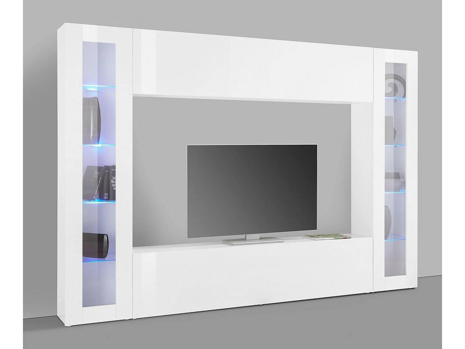 Élément mural Luigi, meuble TV 4 portes, Meuble de salon polyvalent, 100% Made in Italy, 260x30h180 cm, Blanc brillant, avec lumière LED bleue et deux vitrines