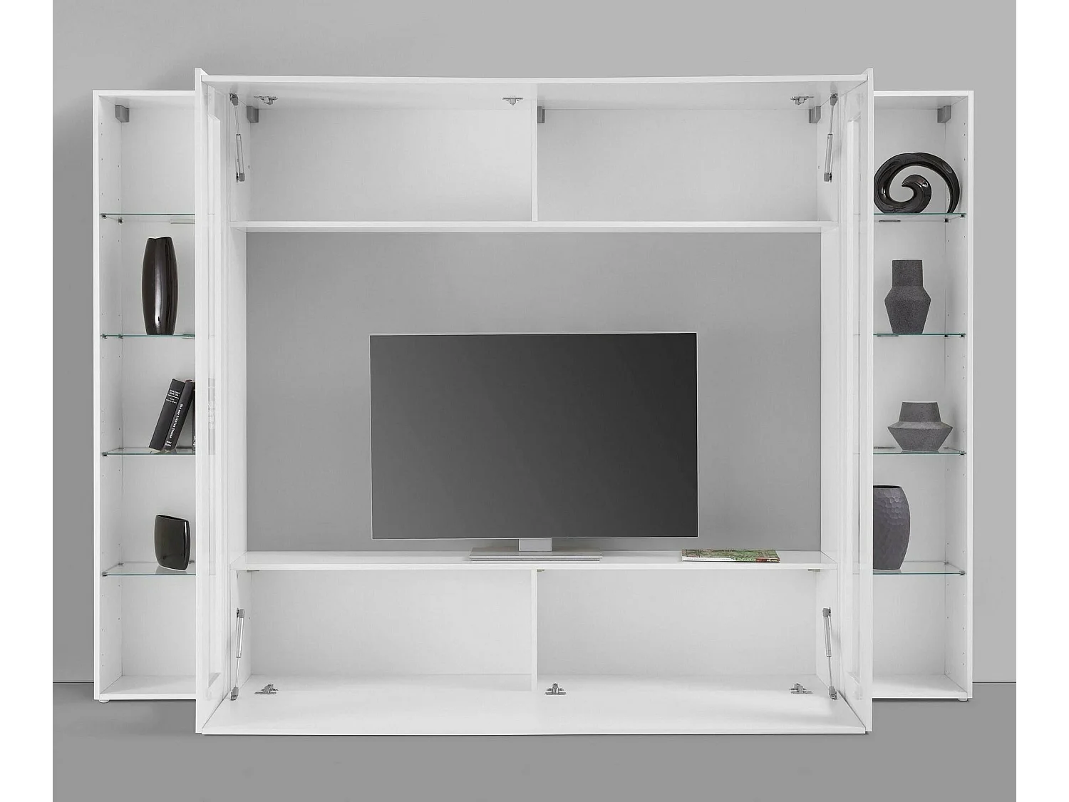 Élément mural Luigi, meuble TV 4 portes, Meuble de salon polyvalent, 100% Made in Italy, 260x30h180 cm, Blanc brillant, avec lumière LED bleue et deux vitrines