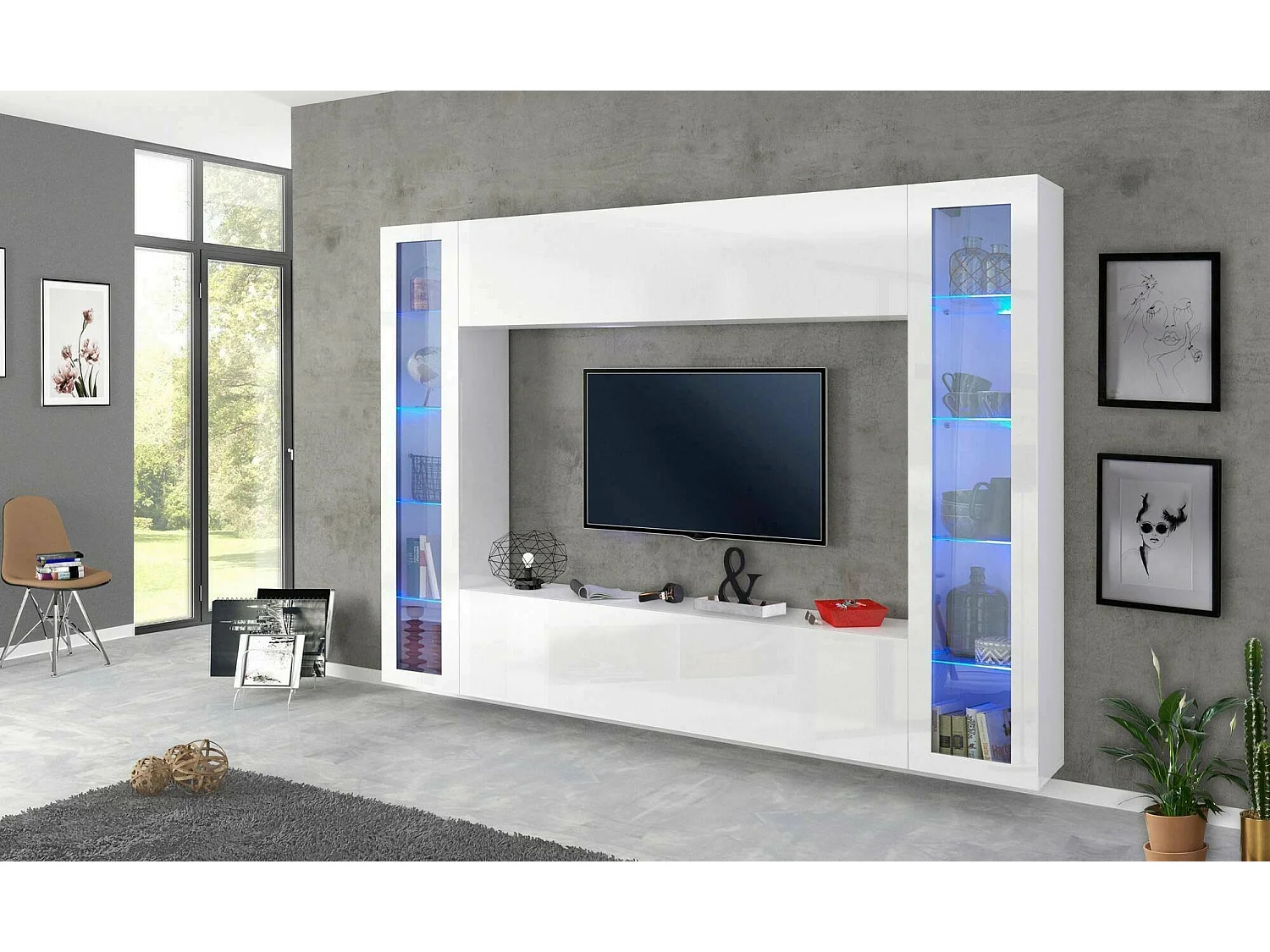 Élément mural Luigi, meuble TV 4 portes, Meuble de salon polyvalent, 100% Made in Italy, 260x30h180 cm, Blanc brillant, avec lumière LED bleue et deux vitrines